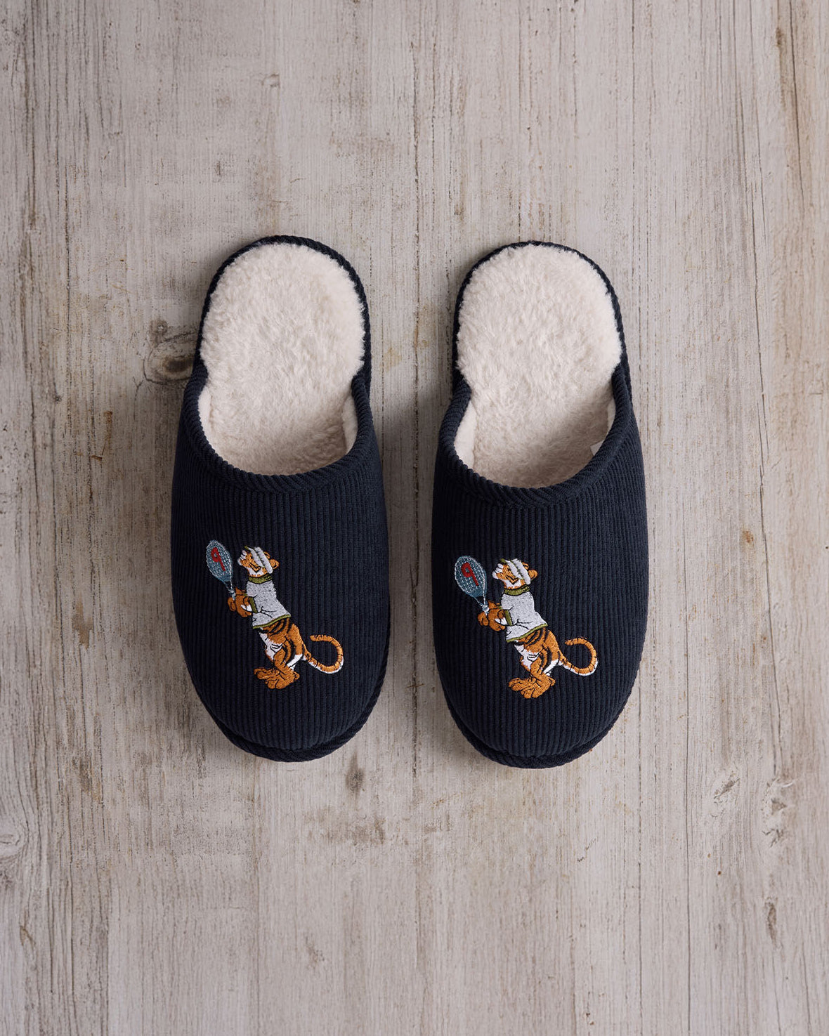 Mens Corduroy Embroidered Tennis Tiger Slippers