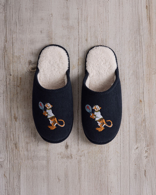 Mens Corduroy Embroidered Tennis Tiger Slippers