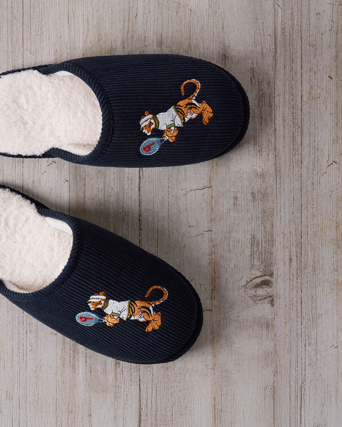 Mens Corduroy Embroidered Tennis Tiger Slippers