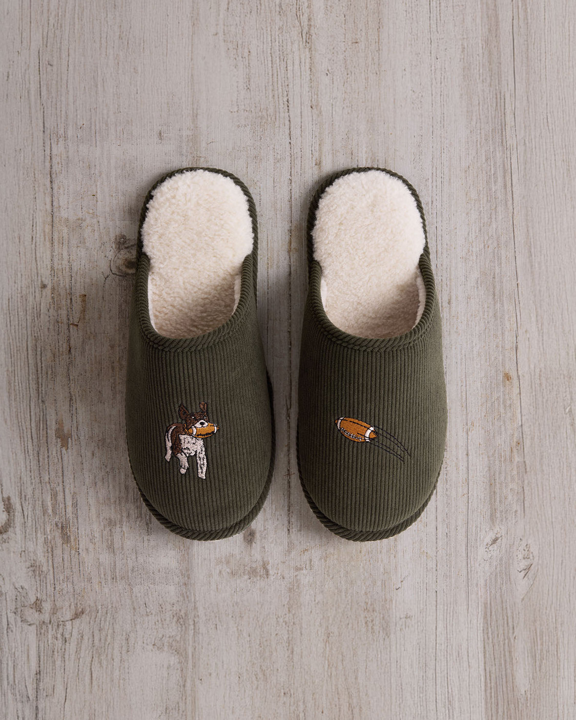 Mens Corduroy Embroidered Rugby Dogs Slippers
