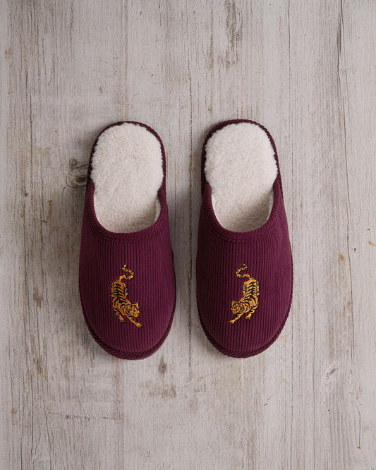 Mens Corduroy Embroidered Tiger Mule Slippers