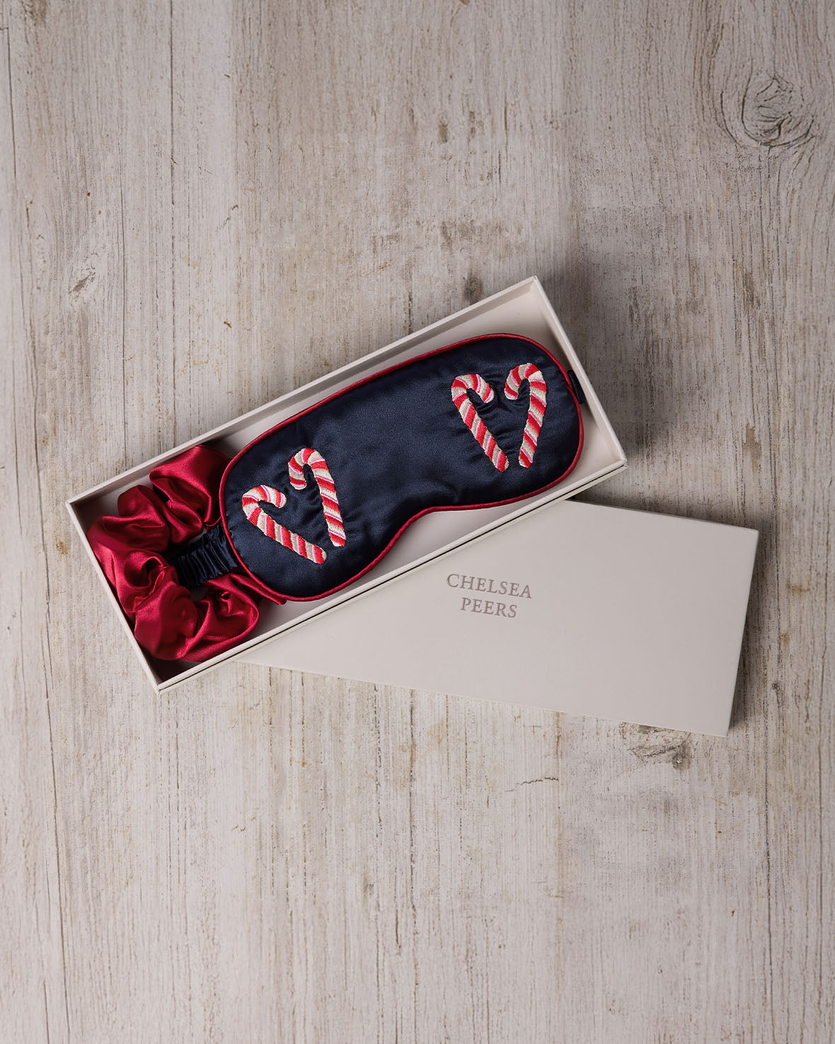 Satin Embroidered Christmas Candy Cane Heart Sleep Mask & Scrunchie Set