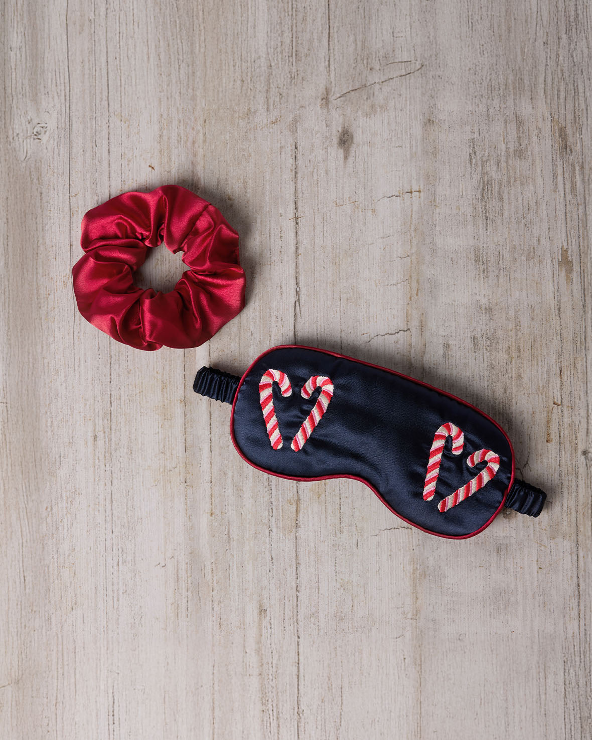 Satin Embroidered Christmas Candy Cane Heart Sleep Mask & Scrunchie Set