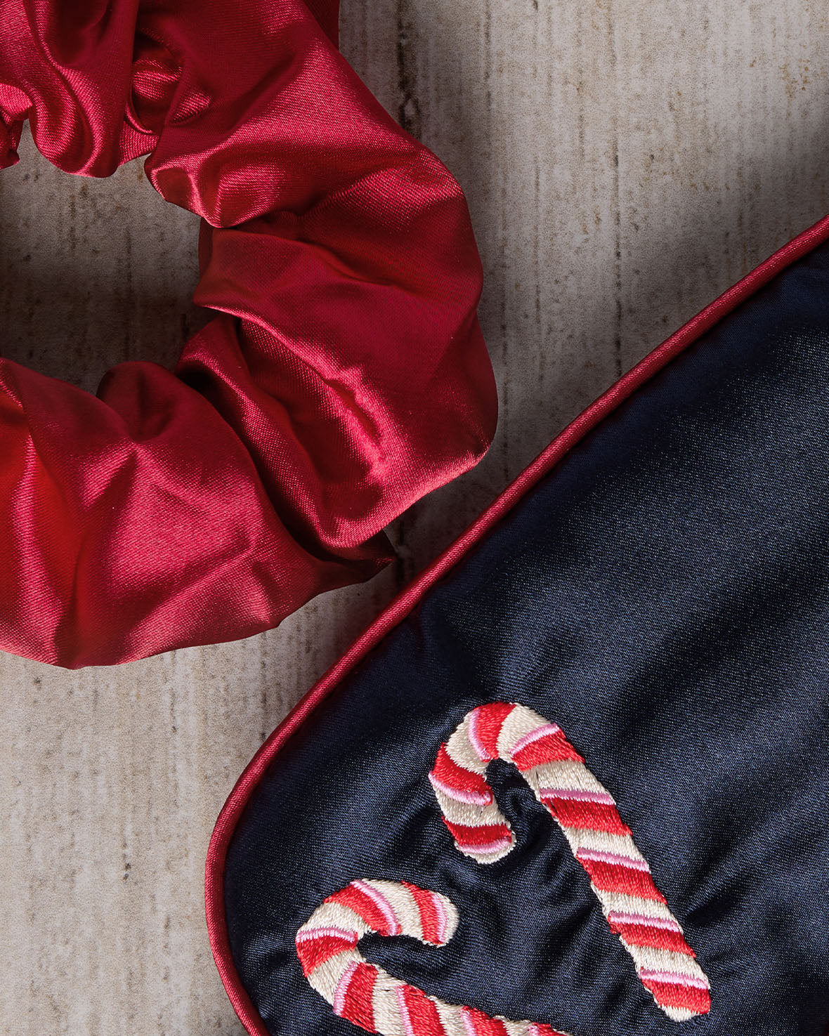 Satin Embroidered Christmas Candy Cane Heart Sleep Mask & Scrunchie Set