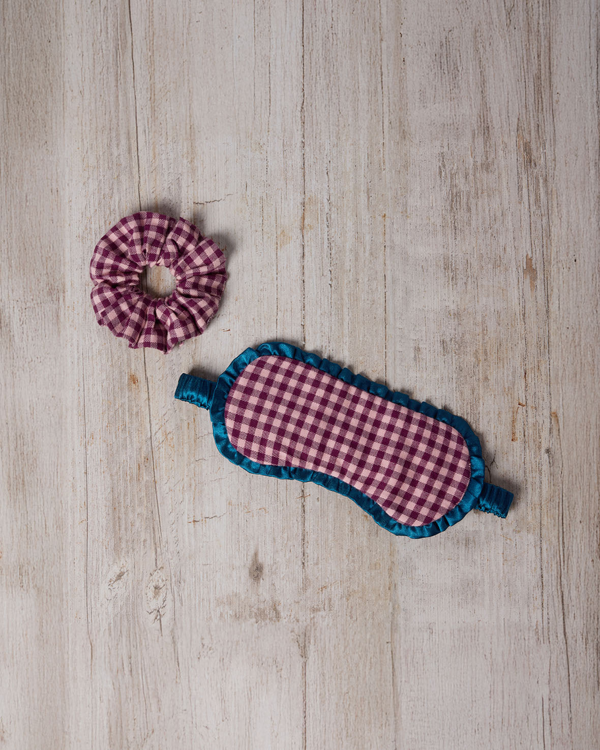 Organic Cotton Gingham Check Frilled Sleep Mask & Scrunchie Gift Set
