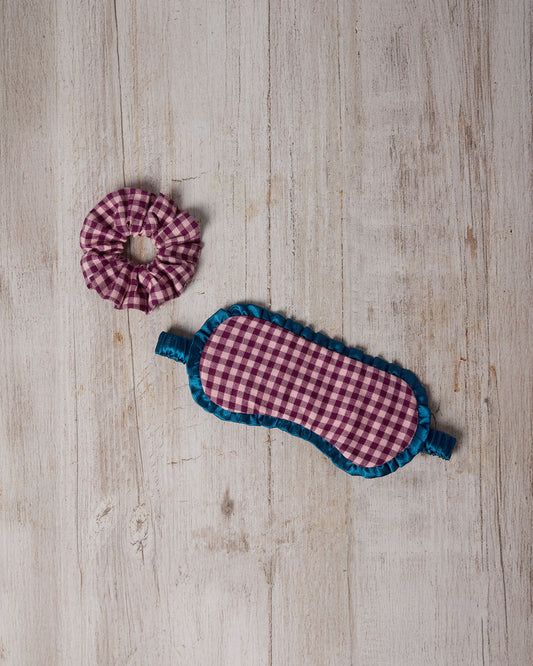 Organic Cotton Gingham Check Frilled Sleep Mask & Scrunchie Gift Set