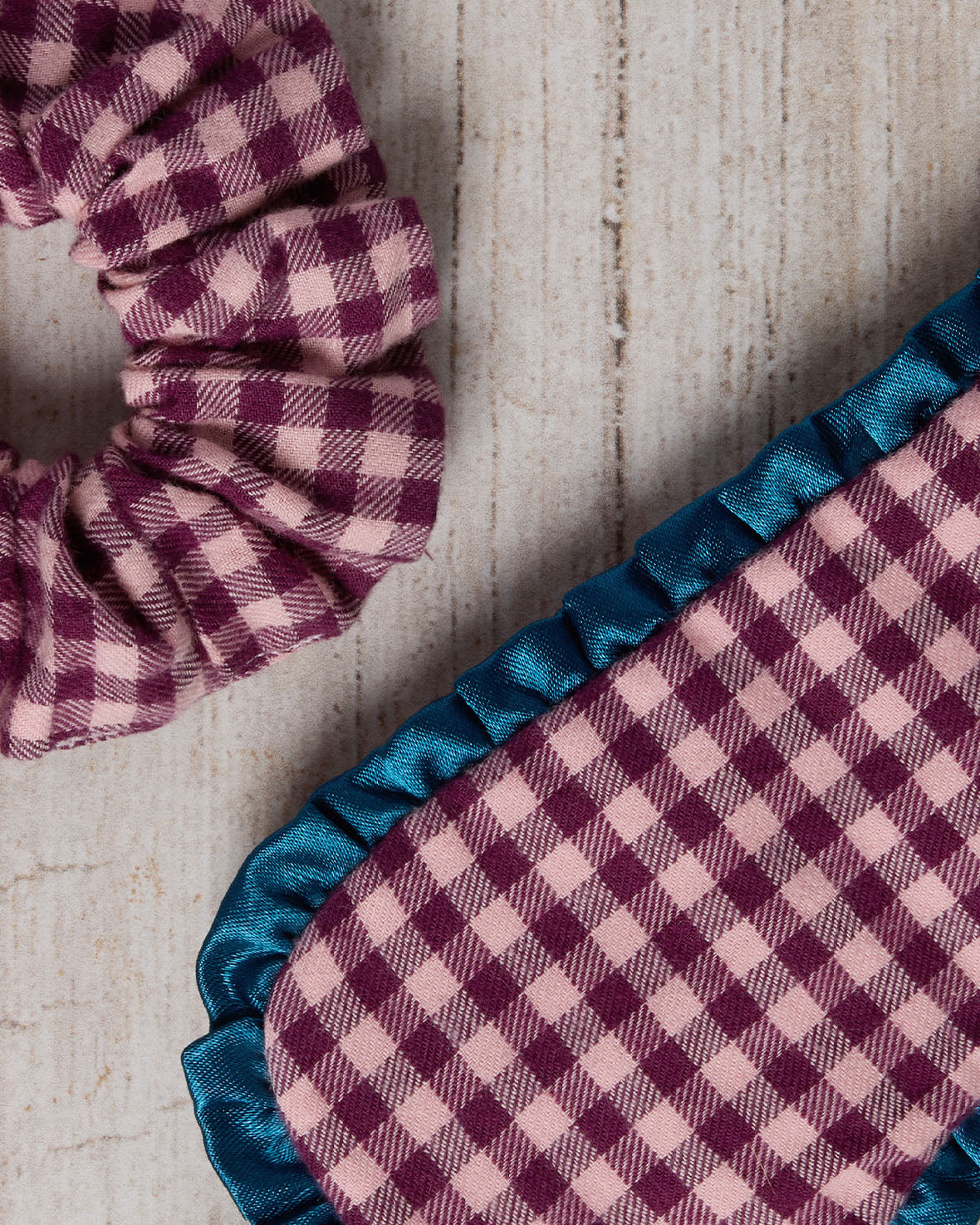 Organic Cotton Gingham Check Frilled Sleep Mask & Scrunchie Gift Set