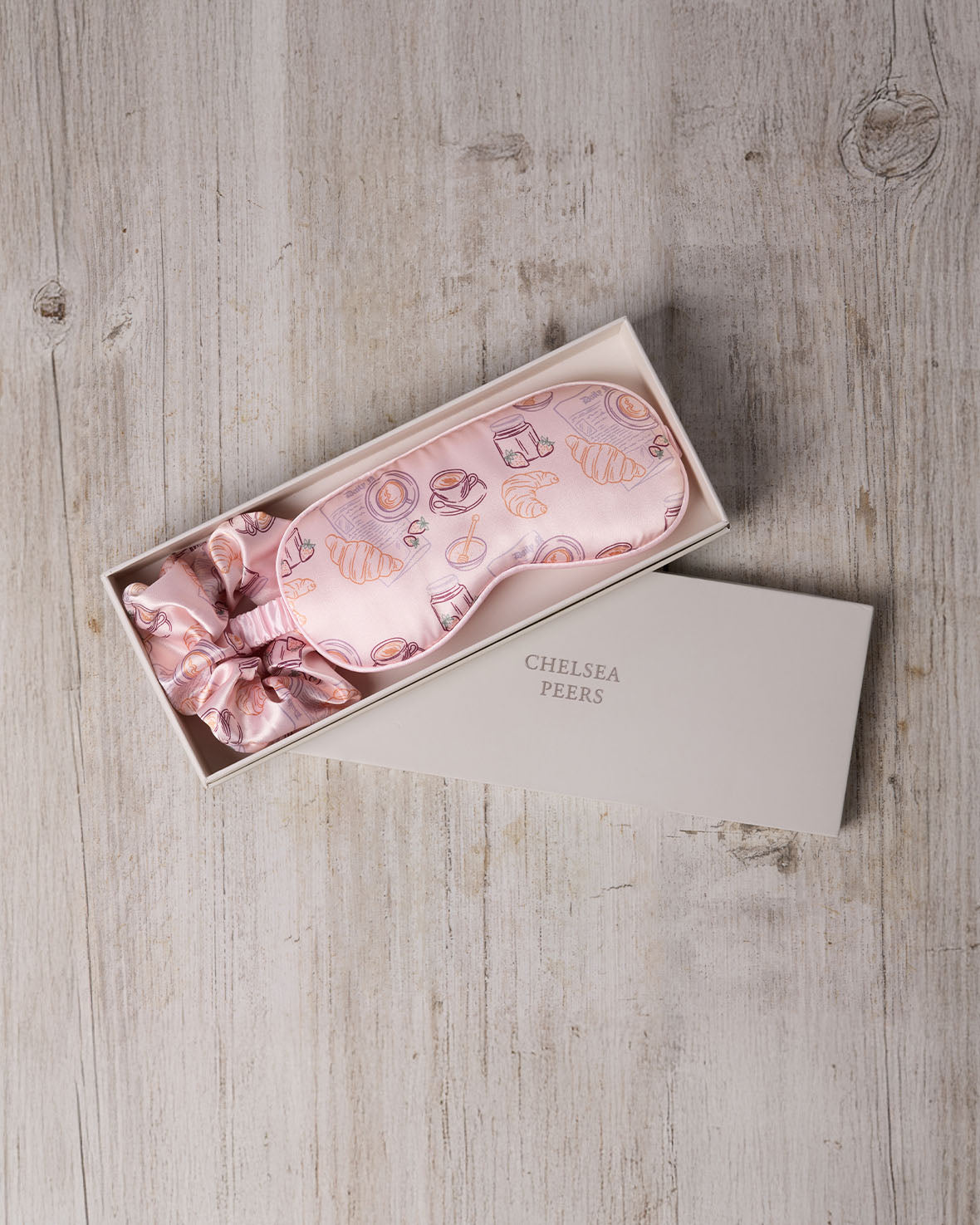 Satin Breakfast Print Sleep Mask & Scrunchie Gift Set - Pink