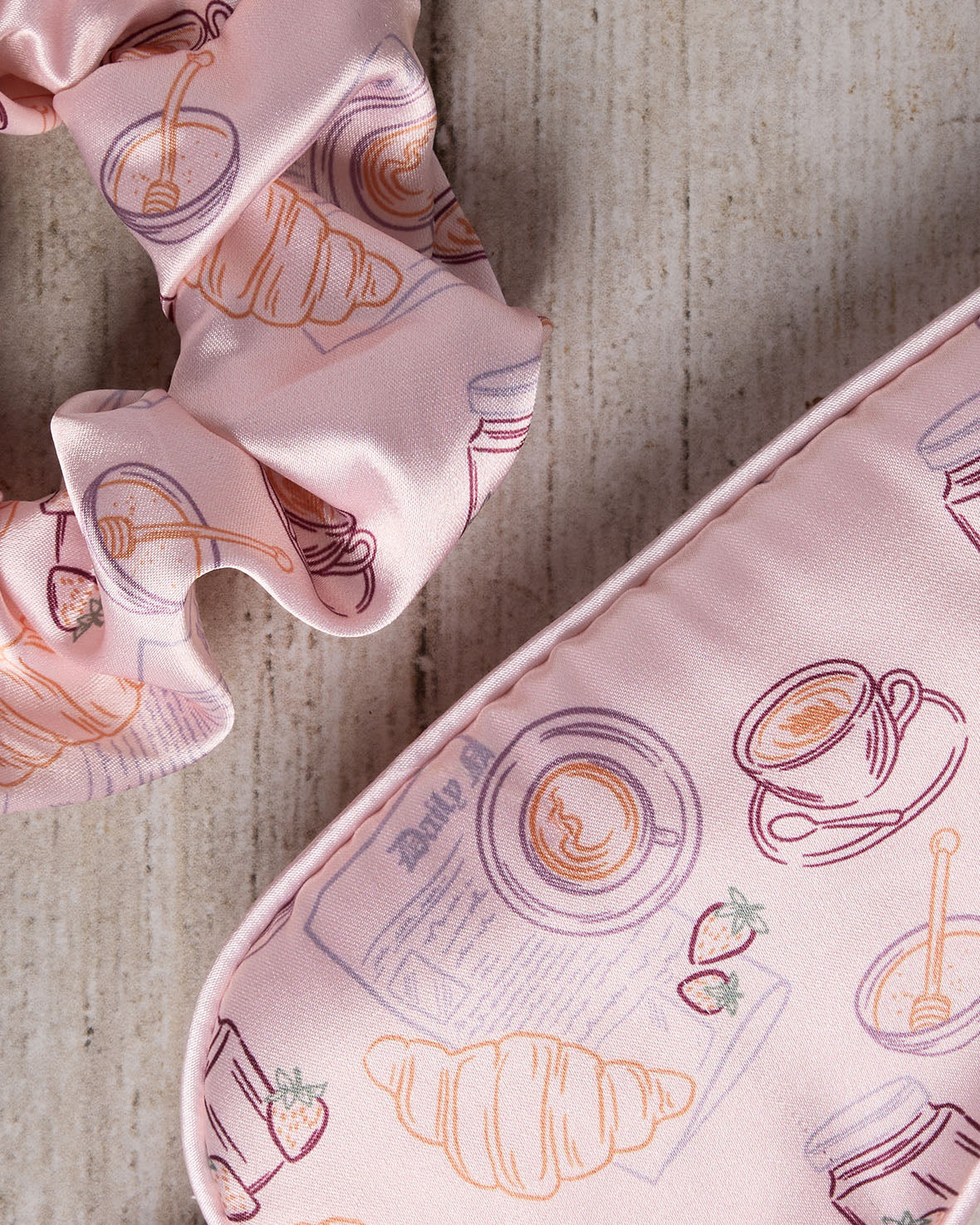 Satin Breakfast Print Sleep Mask & Scrunchie Gift Set - Pink