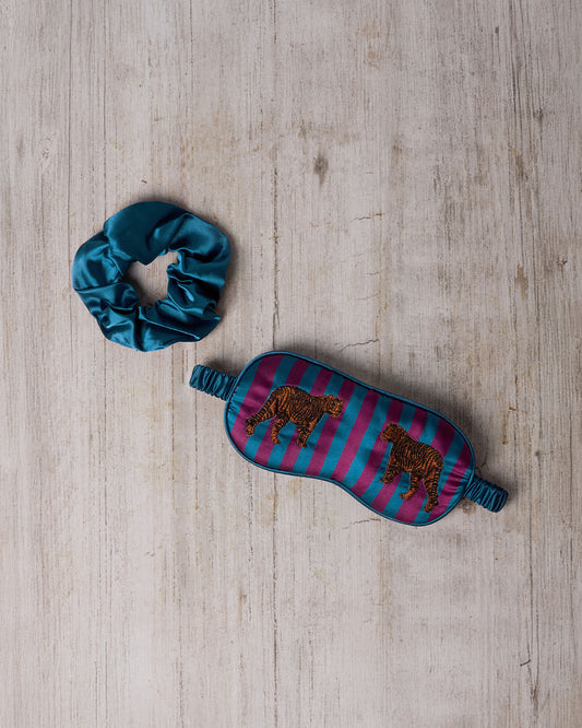 Satin Embroidered Tiger Stripe Sleep Mask & Scrunchie Set