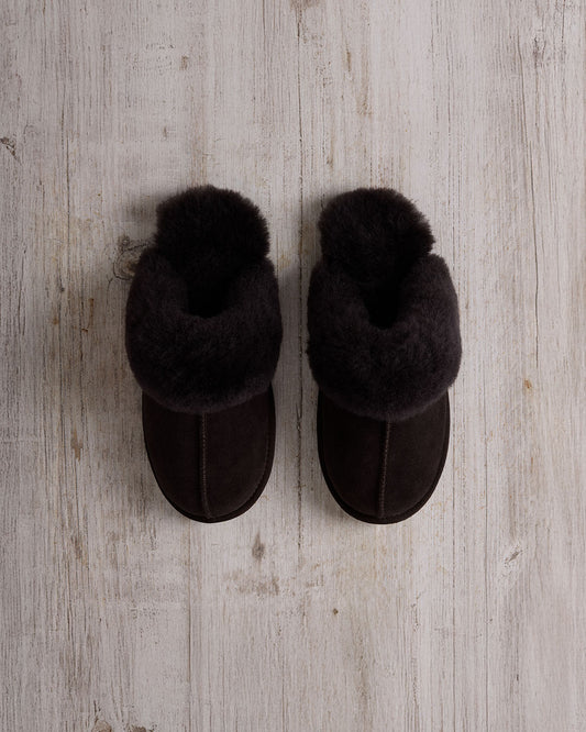 Suede Sheepskin Mule Slippers - Brown