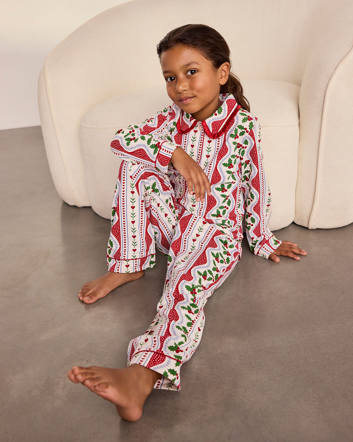 Kids Organic Cotton Garland Holly Stripe Print Long Pyjama Set