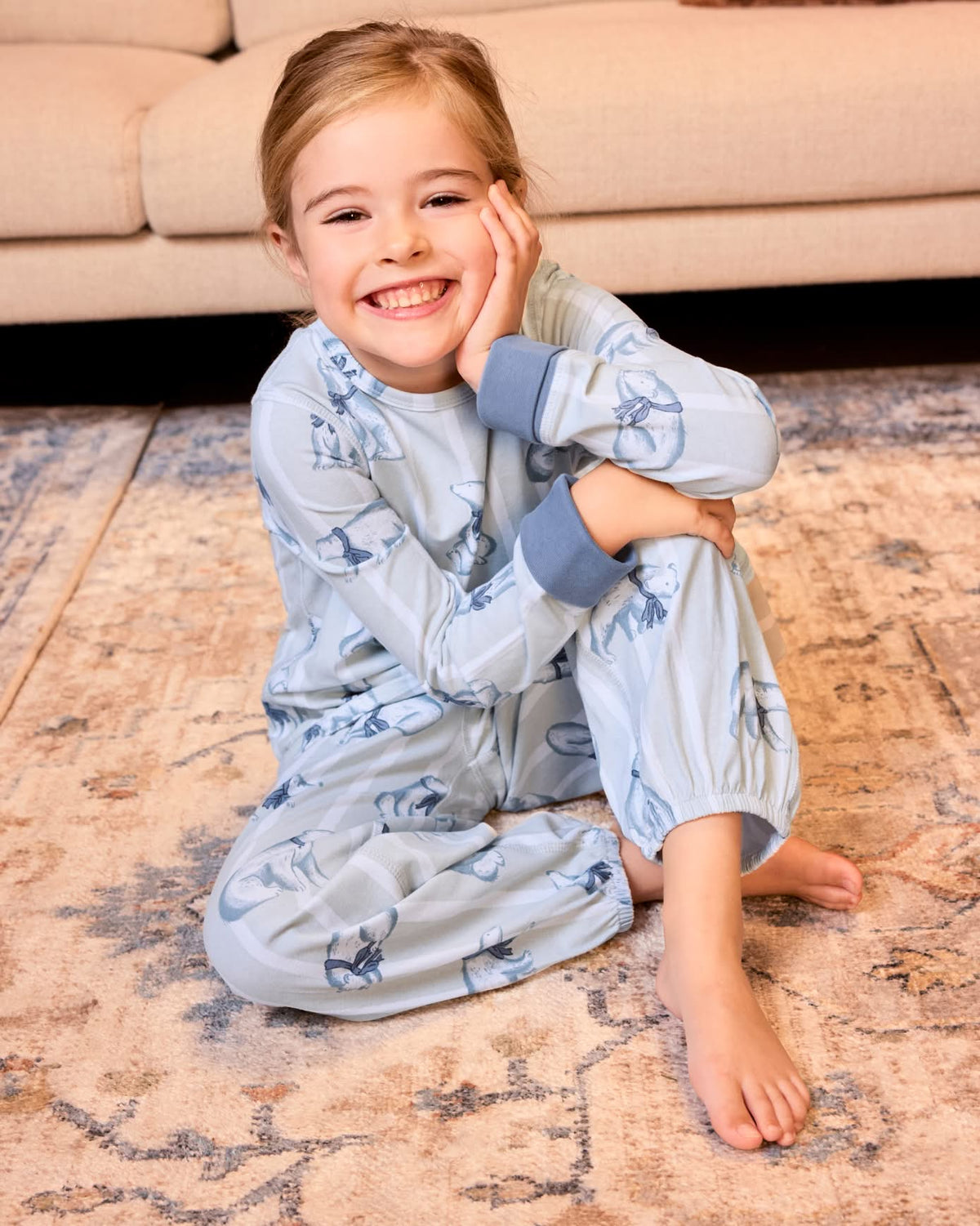Kids Organic Cotton Polar Bear Stripe Print Long Pyjama Set