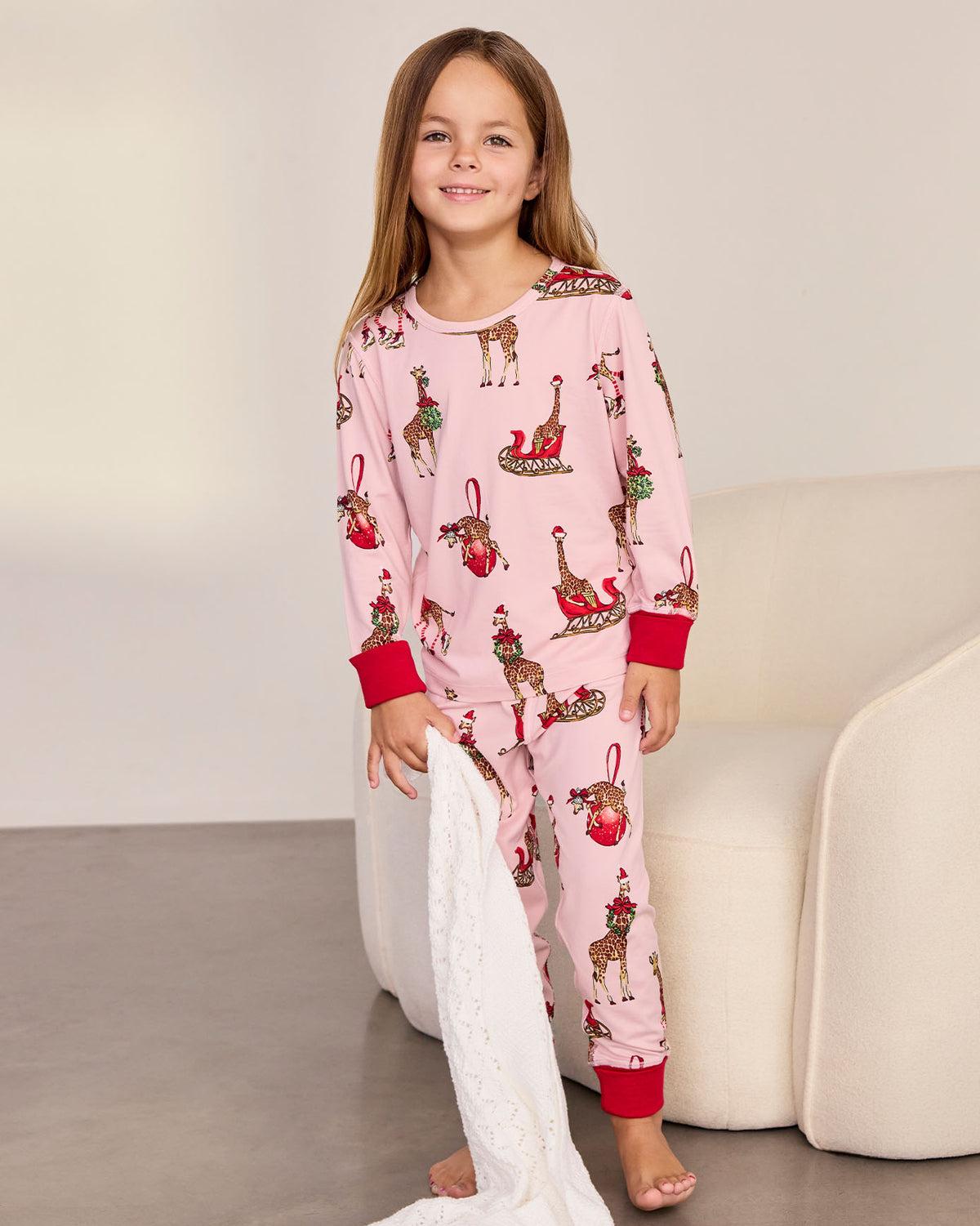 Kids Christmas Giraffe Print Long Pyjama Set - Pink