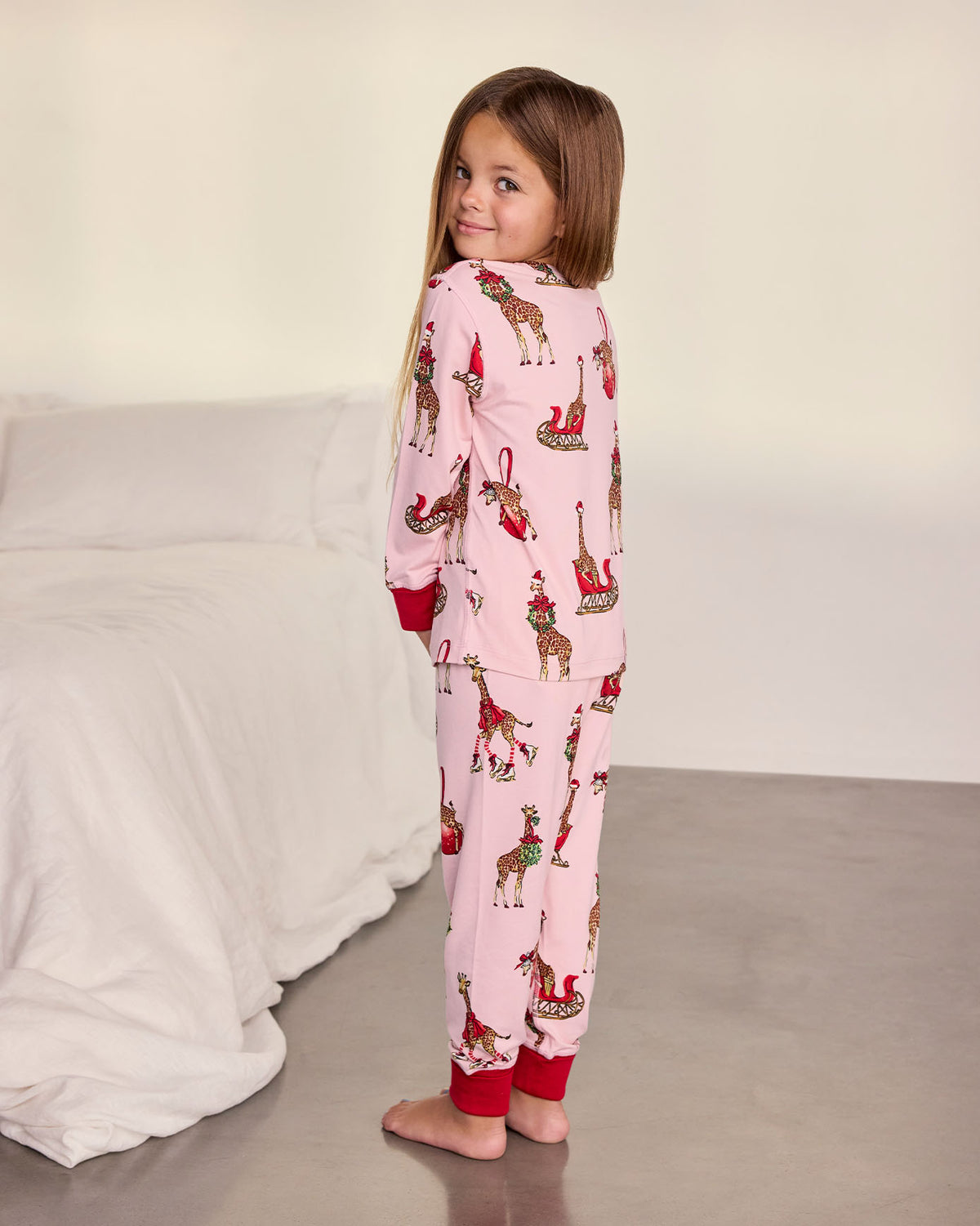 Kids Christmas Giraffe Print Long Pyjama Set - Pink