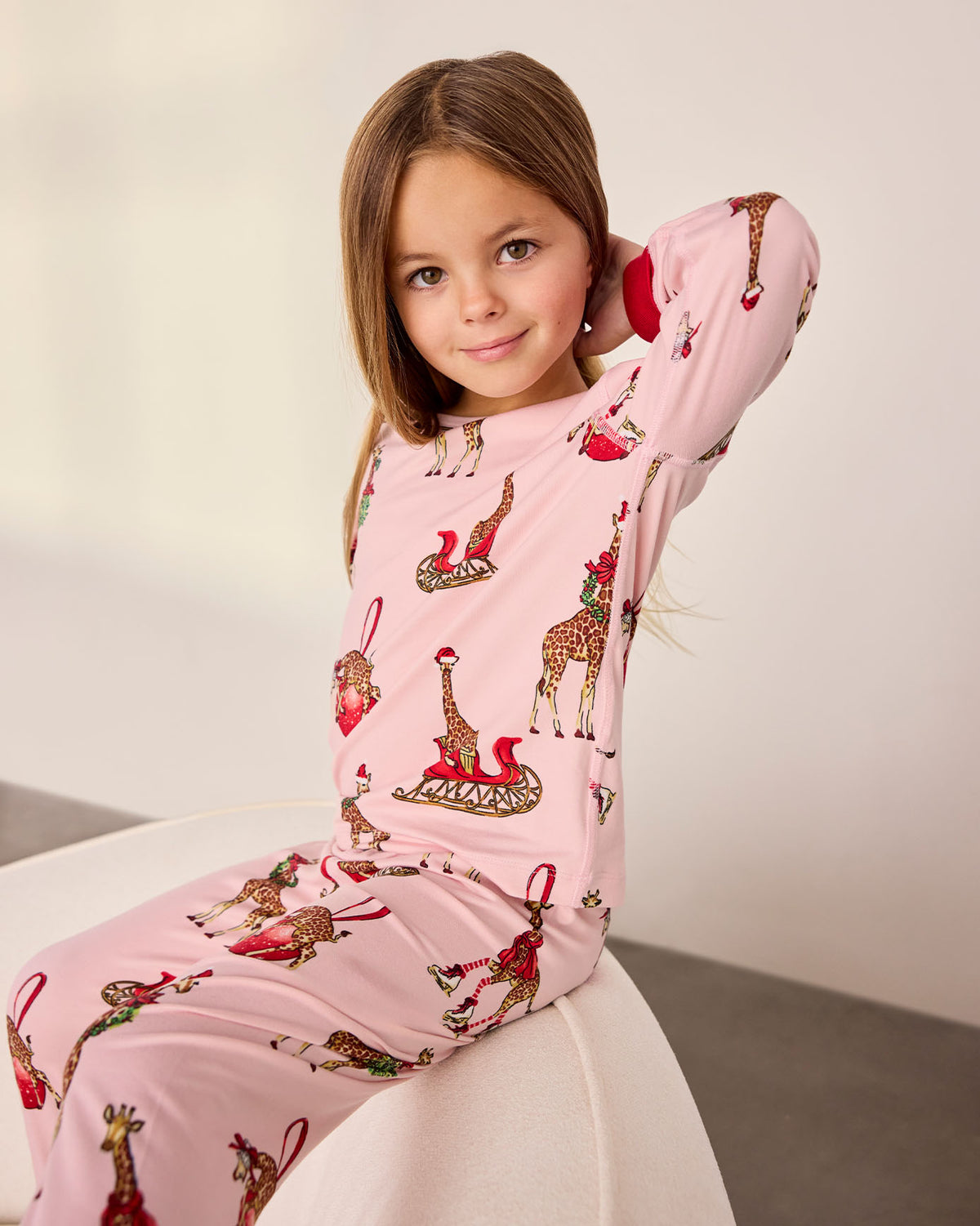 Kids Christmas Giraffe Print Long Pyjama Set - Pink
