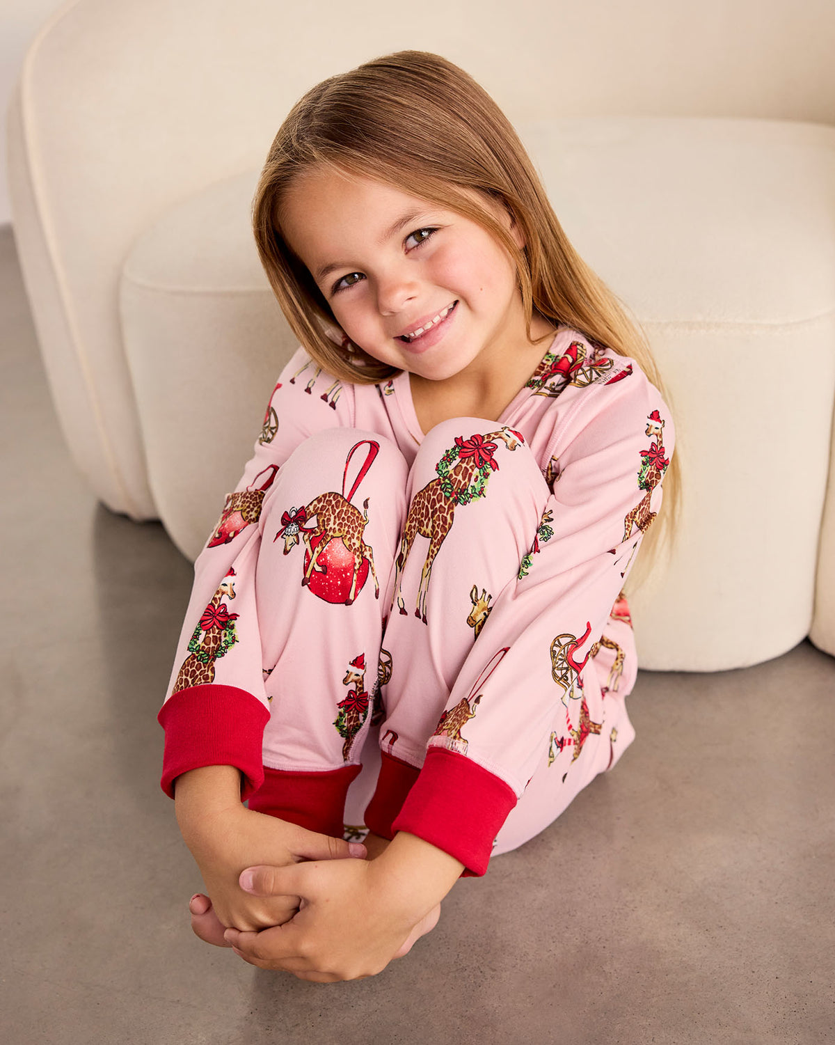 Kids Christmas Giraffe Print Long Pyjama Set - Pink
