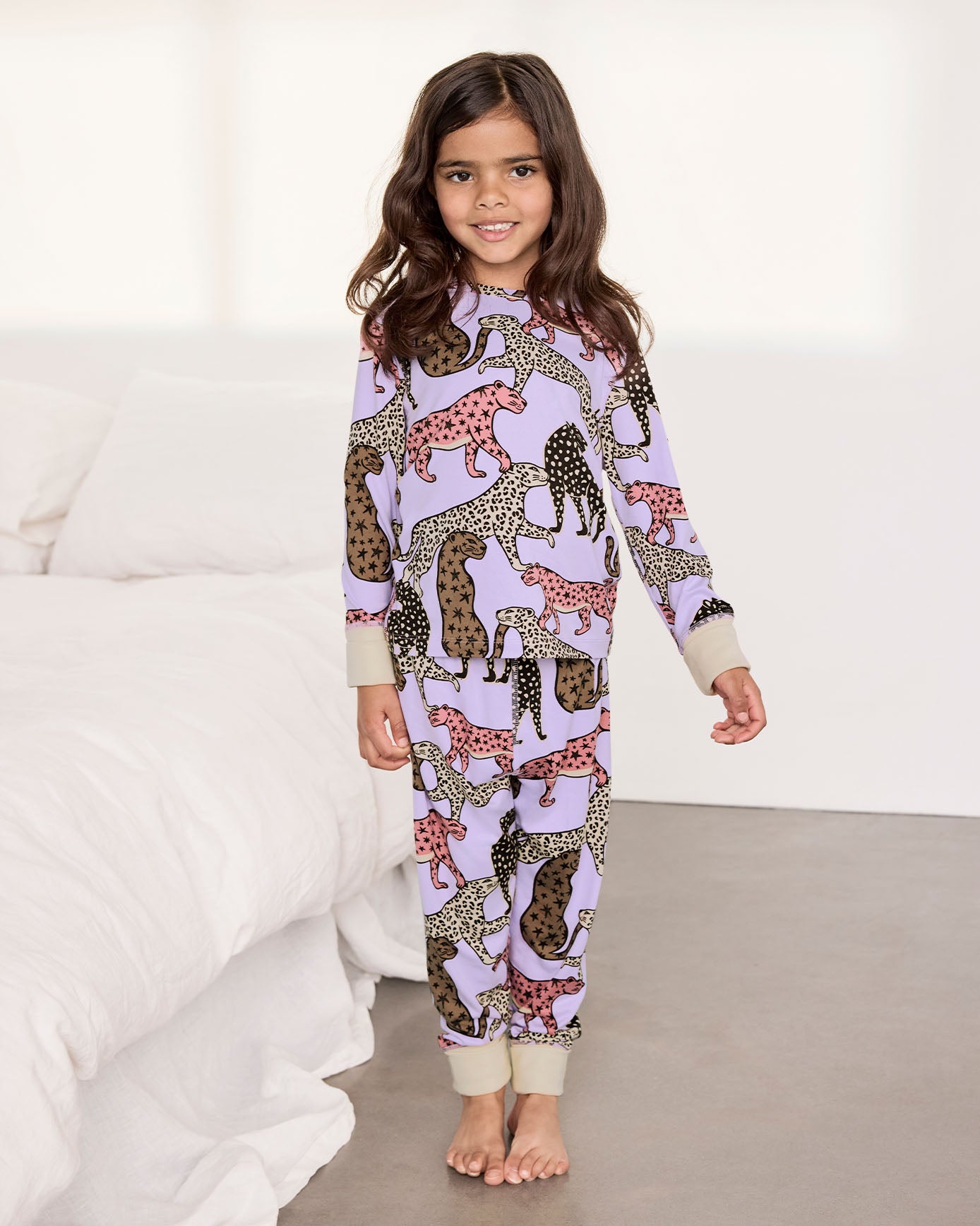 Kids Starry Leopard Print Long Pyjama Set - Lilac