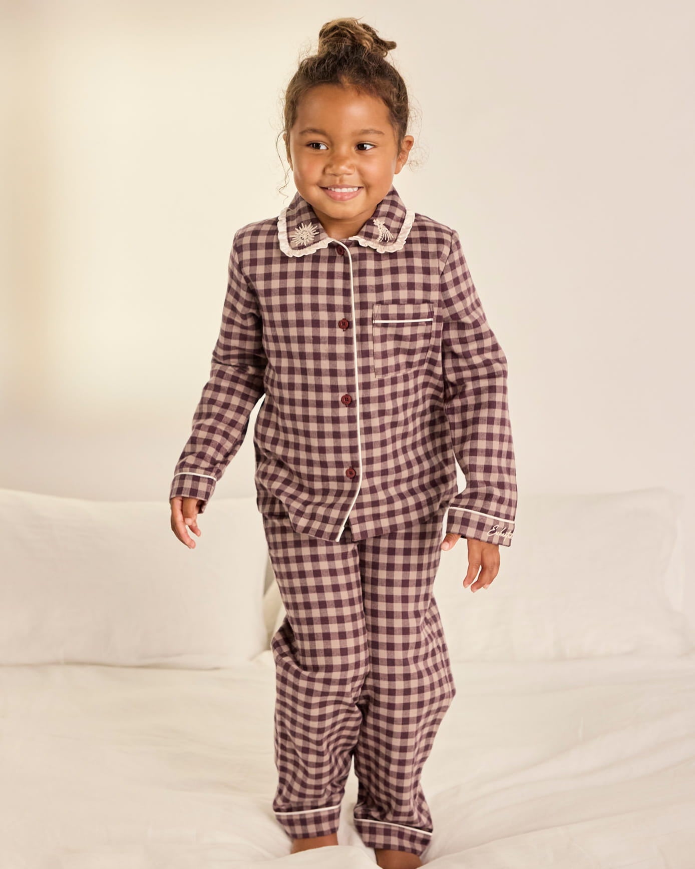 Kids Organic Cotton Embroidered Gingham Enchanted Dreams Long Pyjama Set