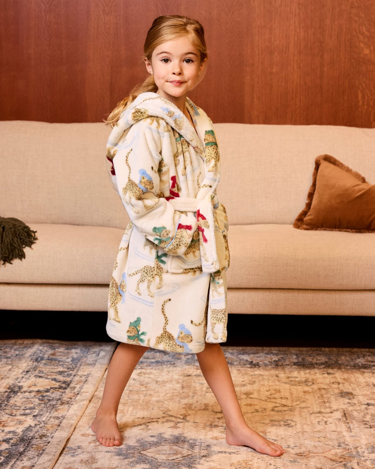 Kids Fleece Ice Skating Leopards Print Hooded Dressing Gown