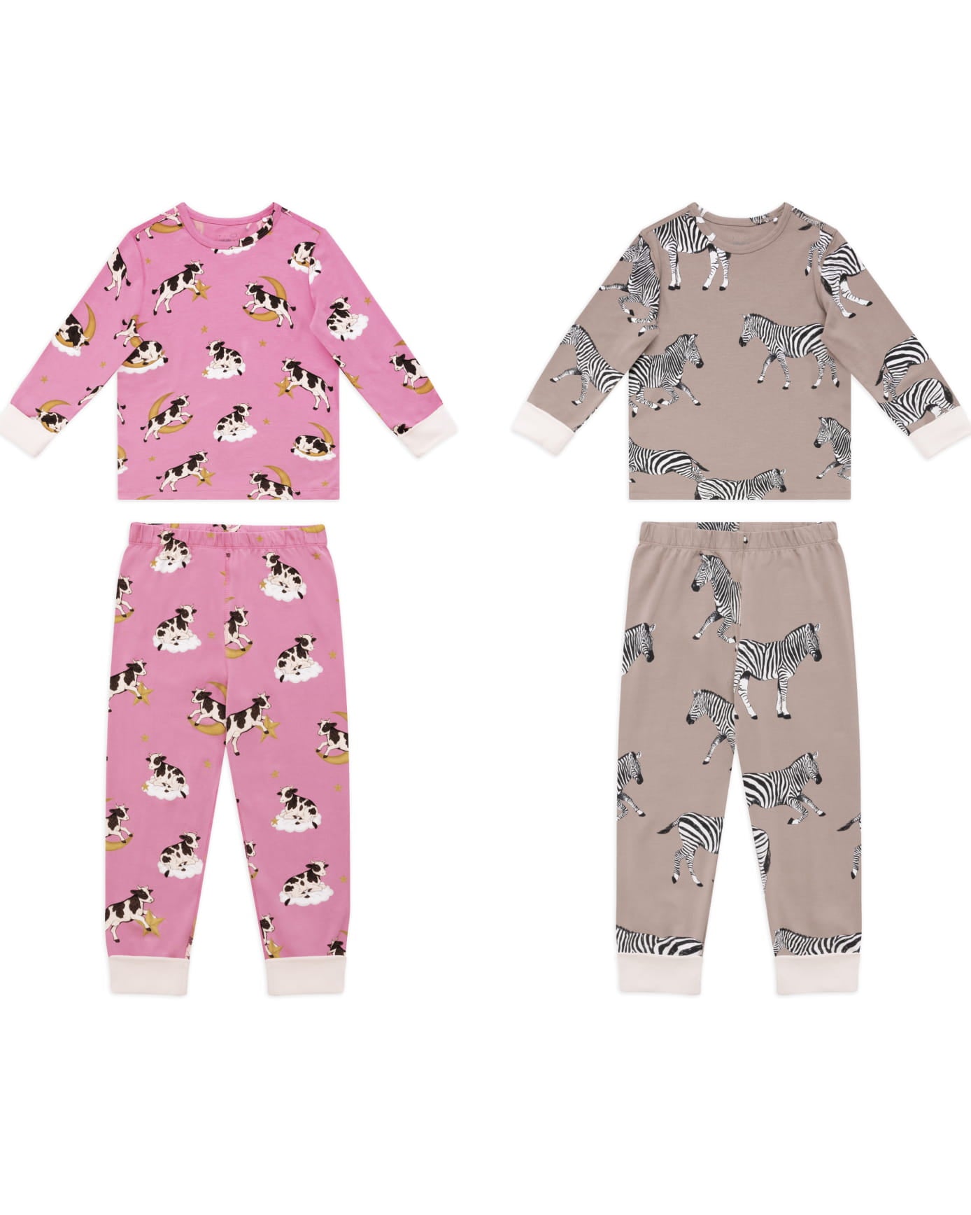 Kids Two Pack Organic Cotton Cosmic Cow / Zebra Print Long Pyjama Set - Taupe