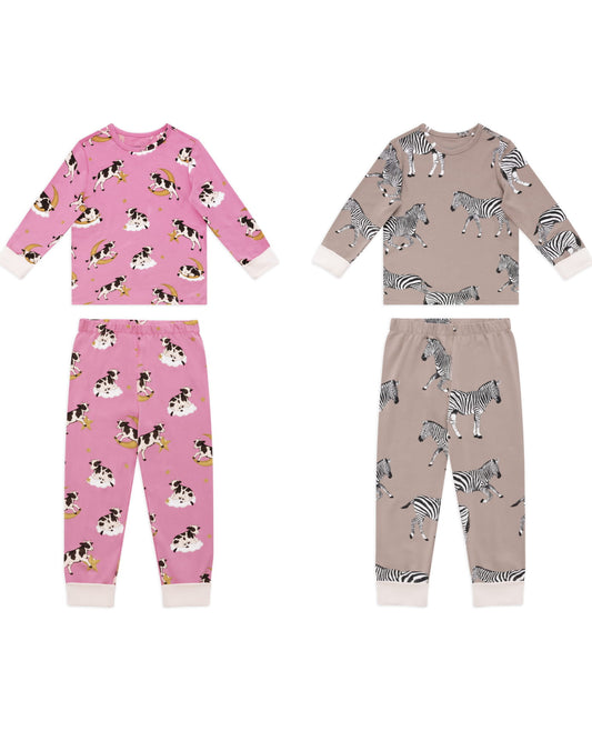 Kids Two Pack Organic Cotton Cosmic Cow / Zebra Print Long Pyjama Set - Taupe
