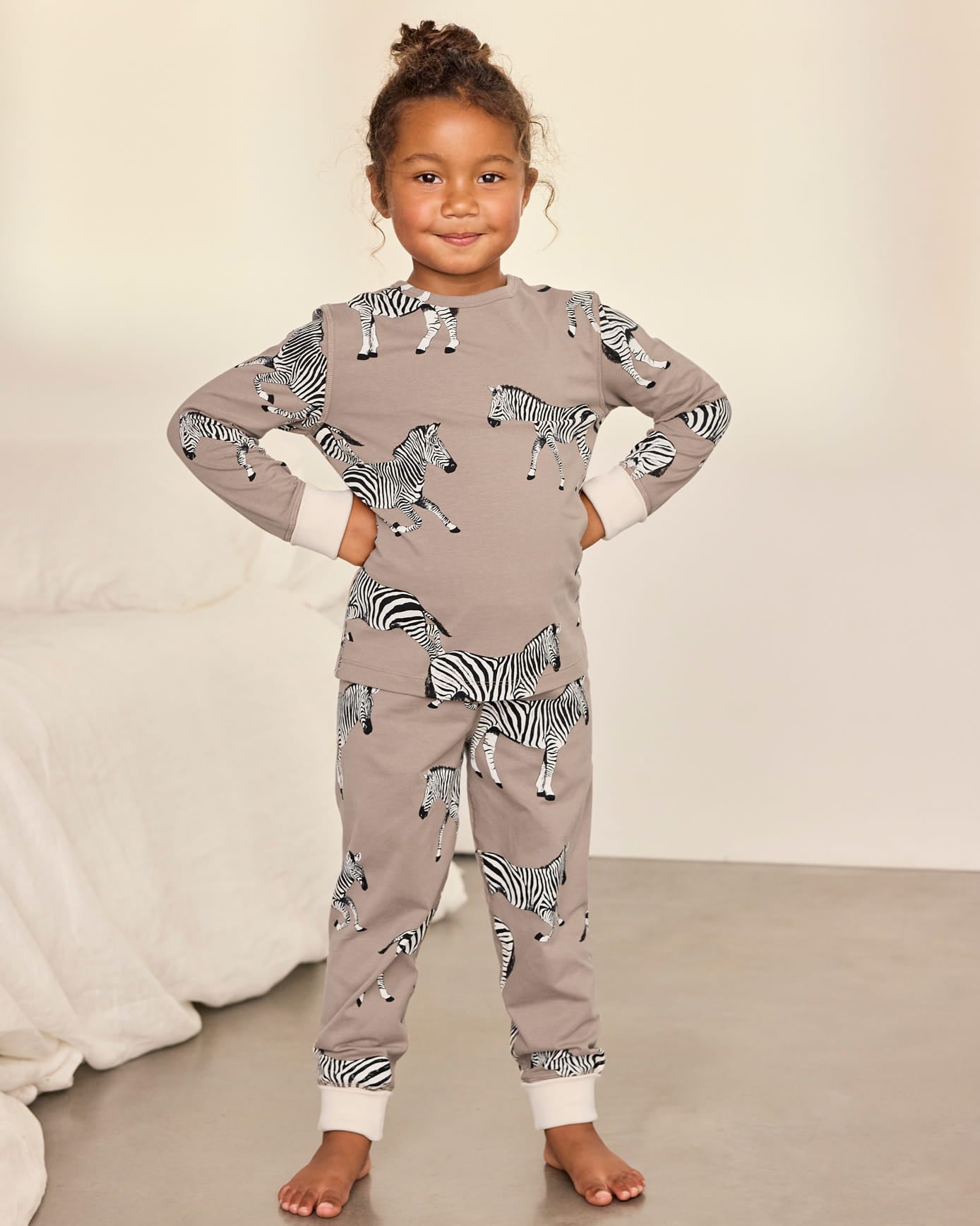 Kids Two Pack Organic Cotton Cosmic Cow / Zebra Print Long Pyjama Set - Taupe