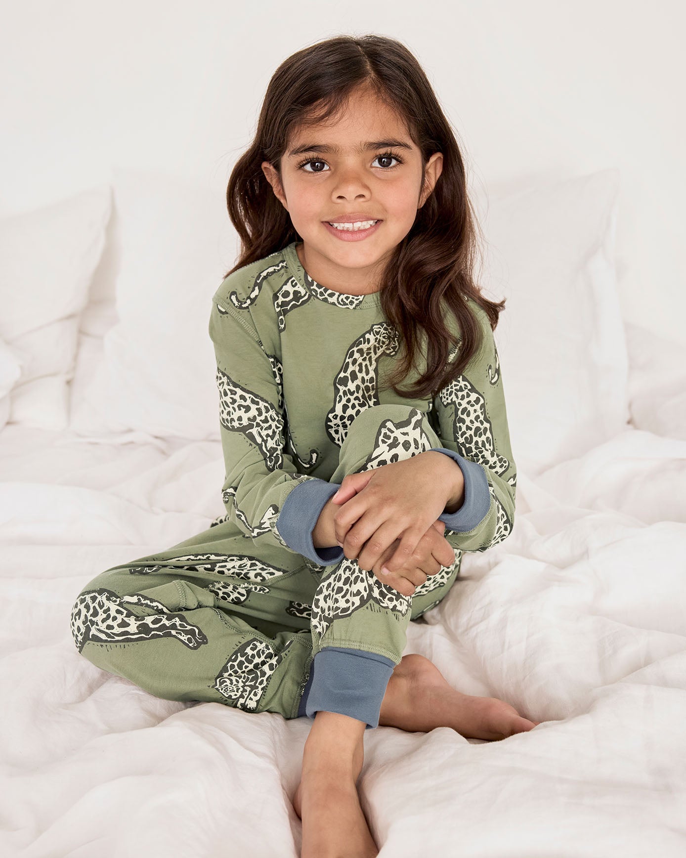 Kids Two Pack Organic Cotton Star Stripe / Lino Cut Leopard Print - Khaki Long Pyjama Set