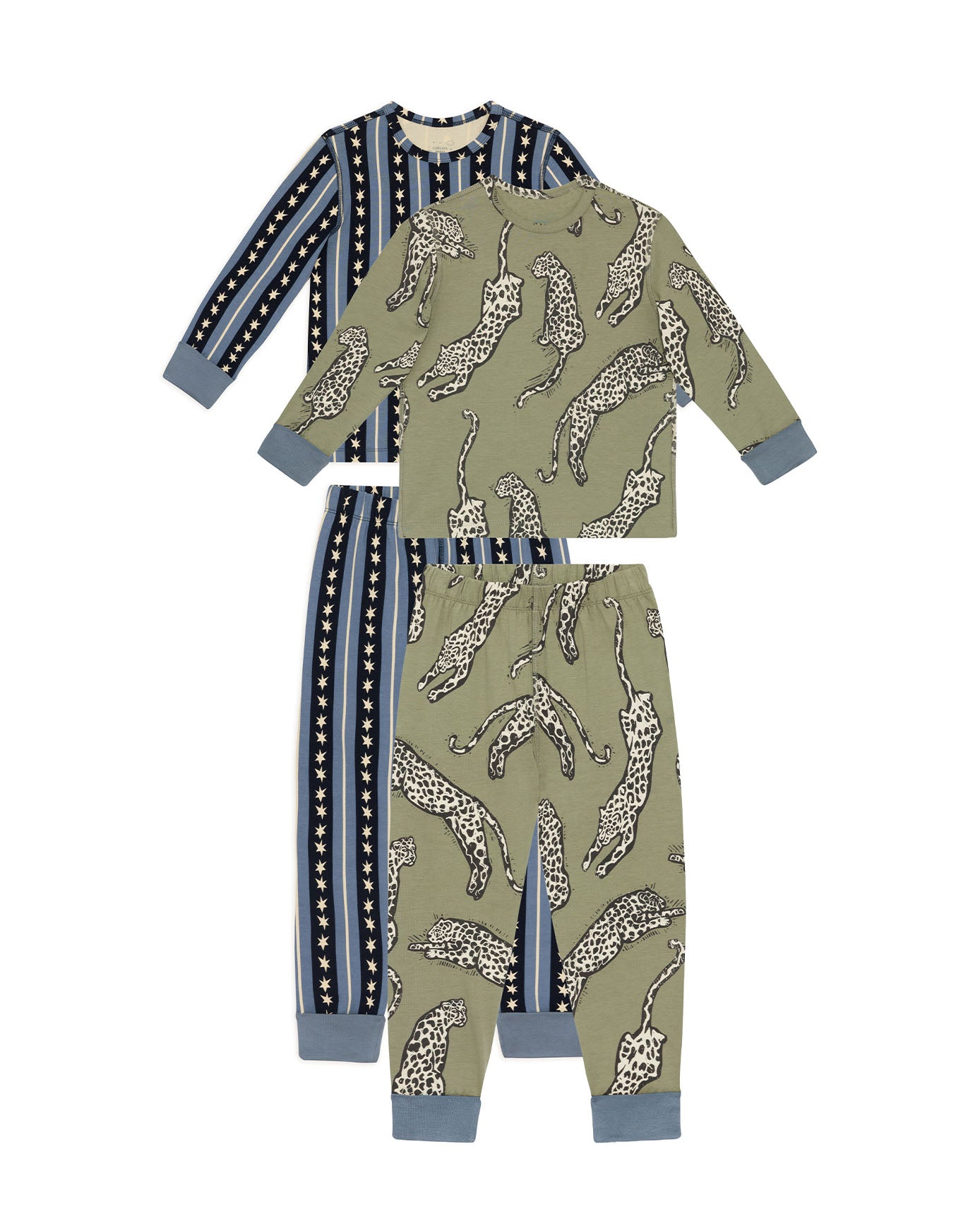 Kids Two Pack Organic Cotton Star Stripe / Lino Cut Leopard Print - Khaki Long Pyjama Set