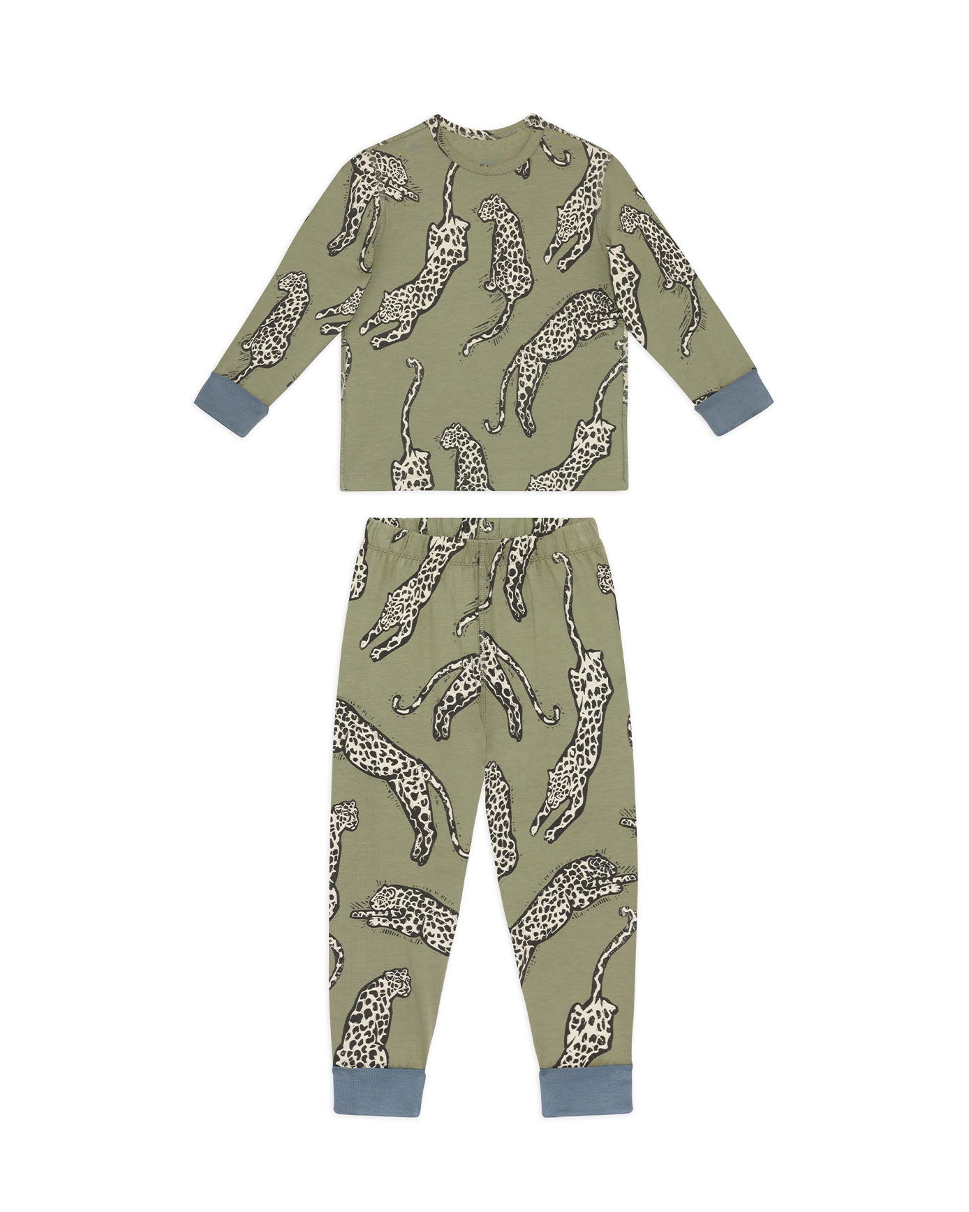 Kids Two Pack Organic Cotton Star Stripe / Lino Cut Leopard Print - Khaki Long Pyjama Set