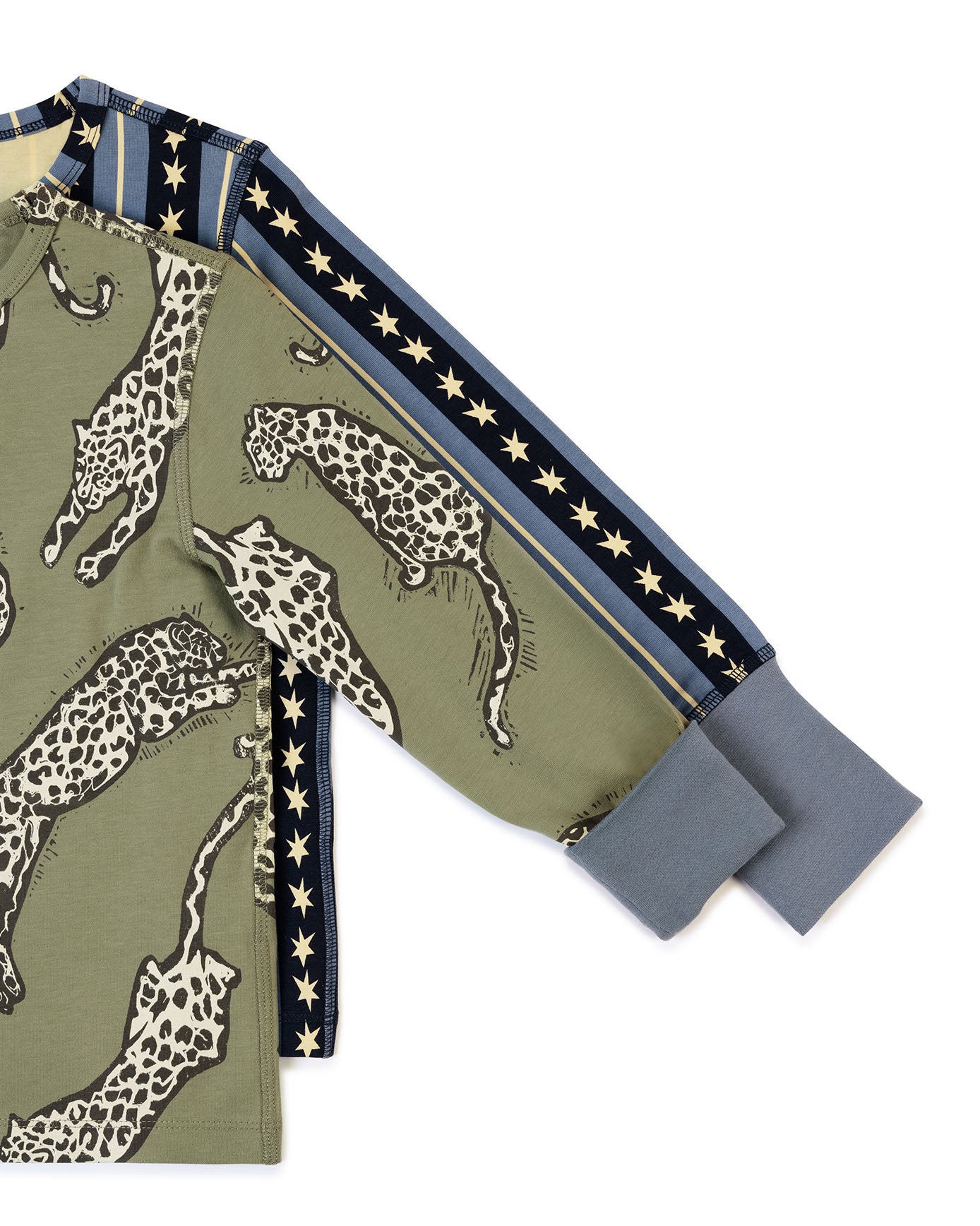 Kids Two Pack Organic Cotton Star Stripe / Lino Cut Leopard Print - Khaki Long Pyjama Set