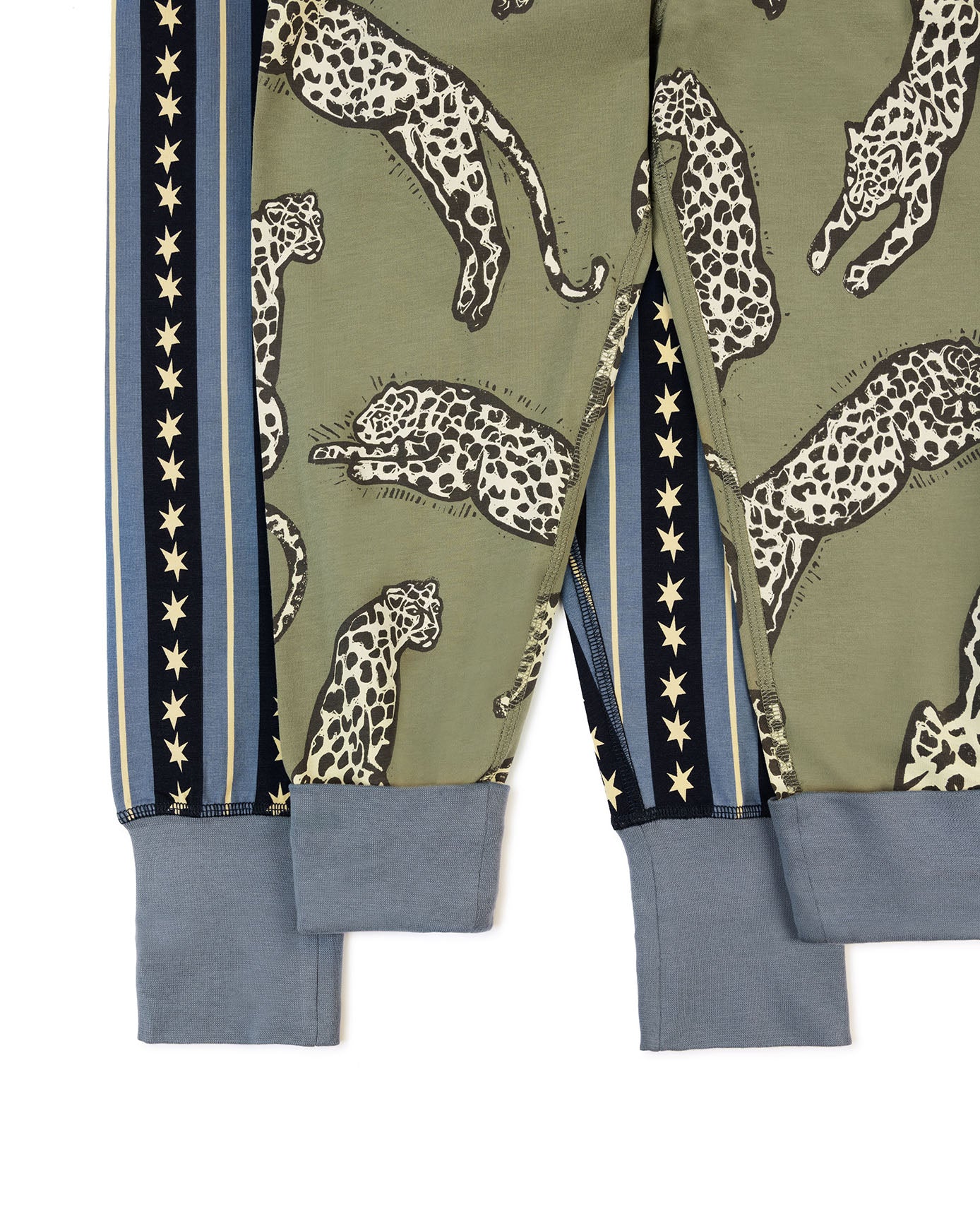 Kids Two Pack Organic Cotton Star Stripe / Lino Cut Leopard Print - Khaki Long Pyjama Set