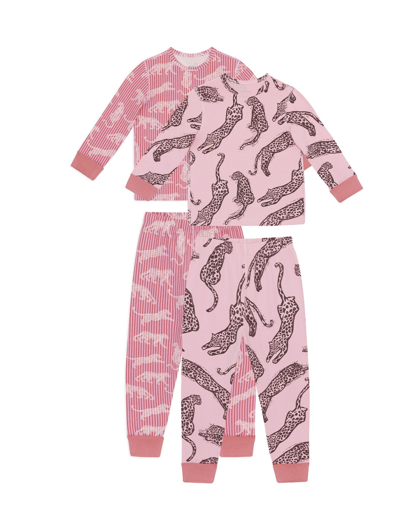 Kids Two Pack Organic Cotton Lino Cut Leopard Print - Pink / Linear Leopard Stripe Print Long Pyjama Set