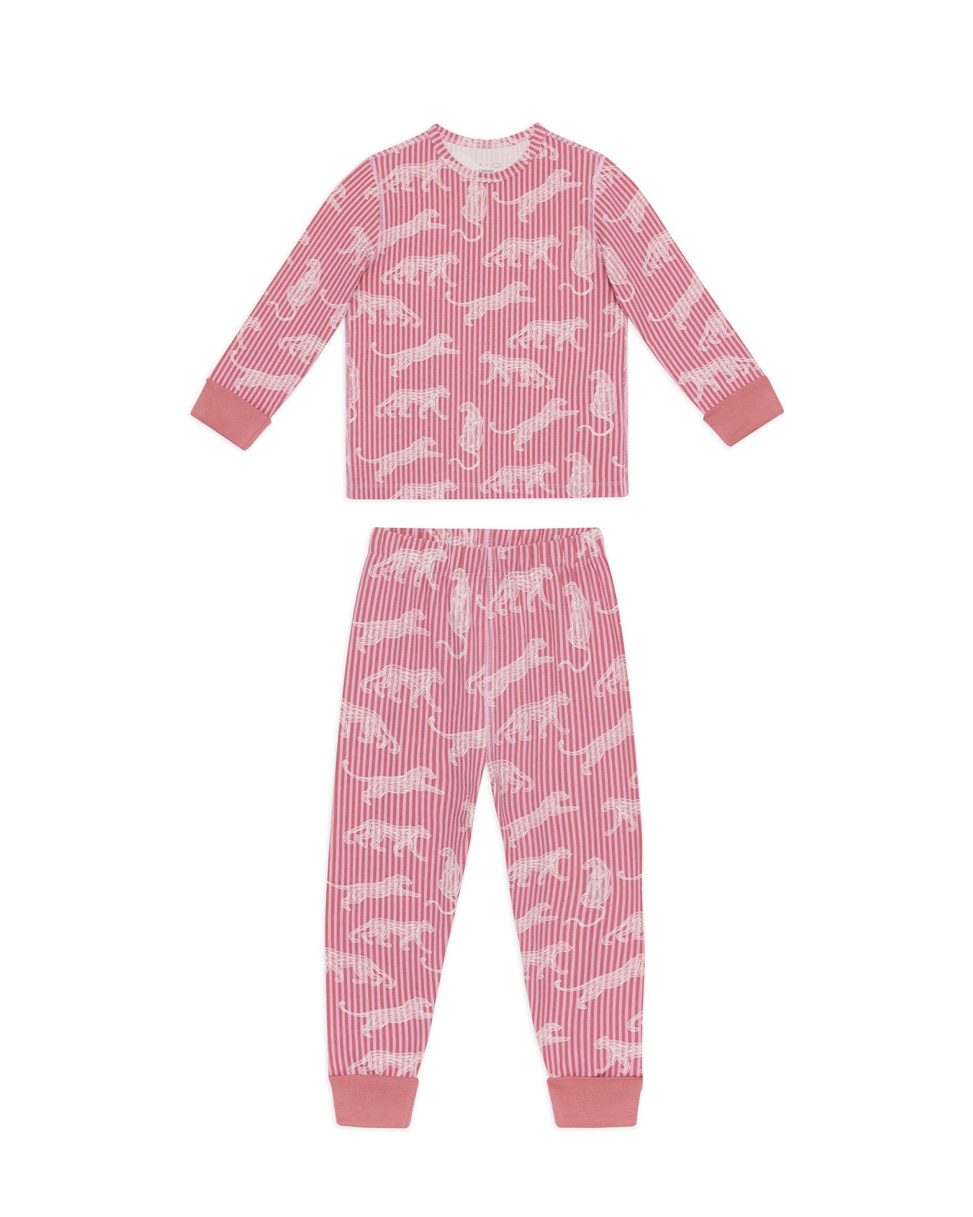 Kids Two Pack Organic Cotton Lino Cut Leopard Print - Pink / Linear Leopard Stripe Print Long Pyjama Set