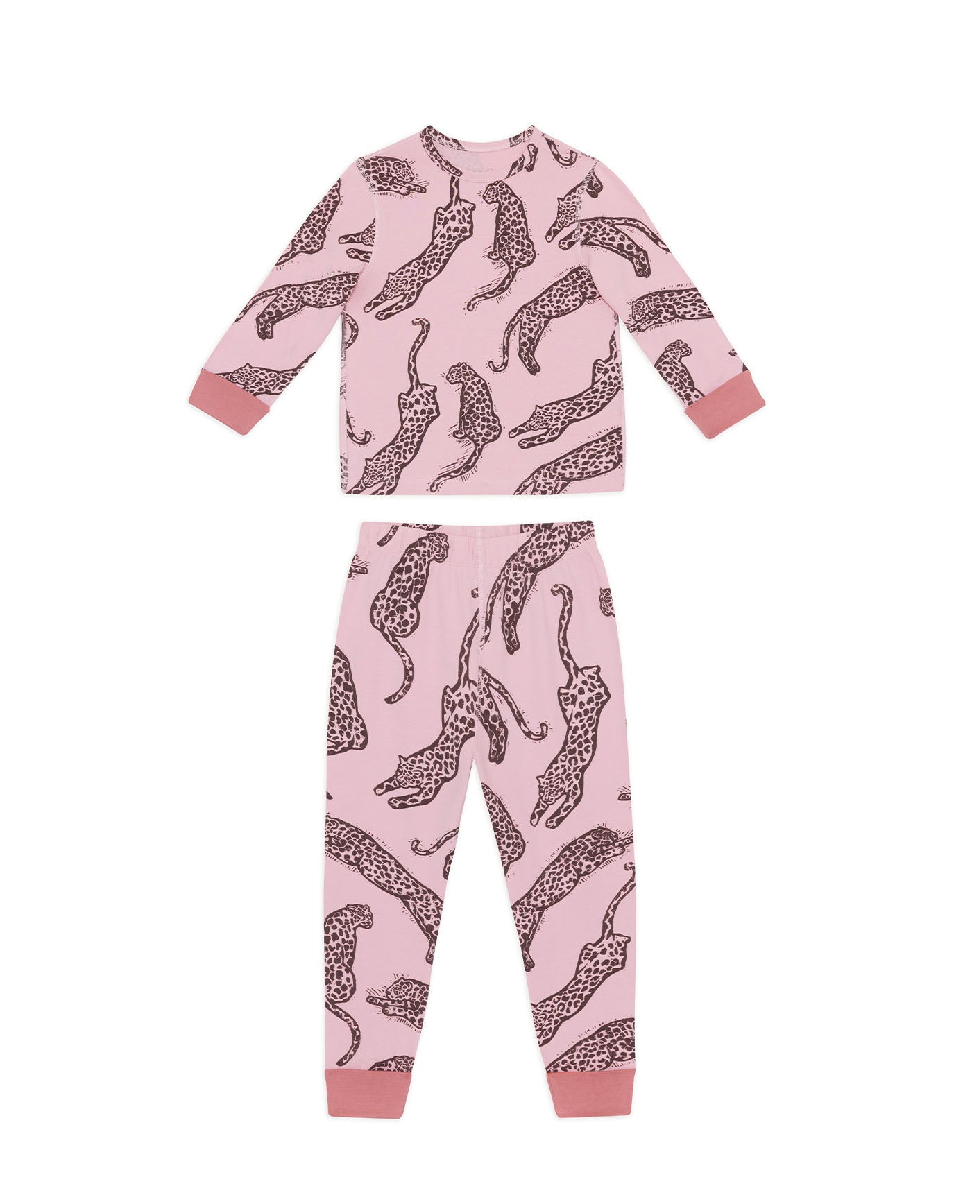 Kids Two Pack Organic Cotton Lino Cut Leopard Print - Pink / Linear Leopard Stripe Print Long Pyjama Set