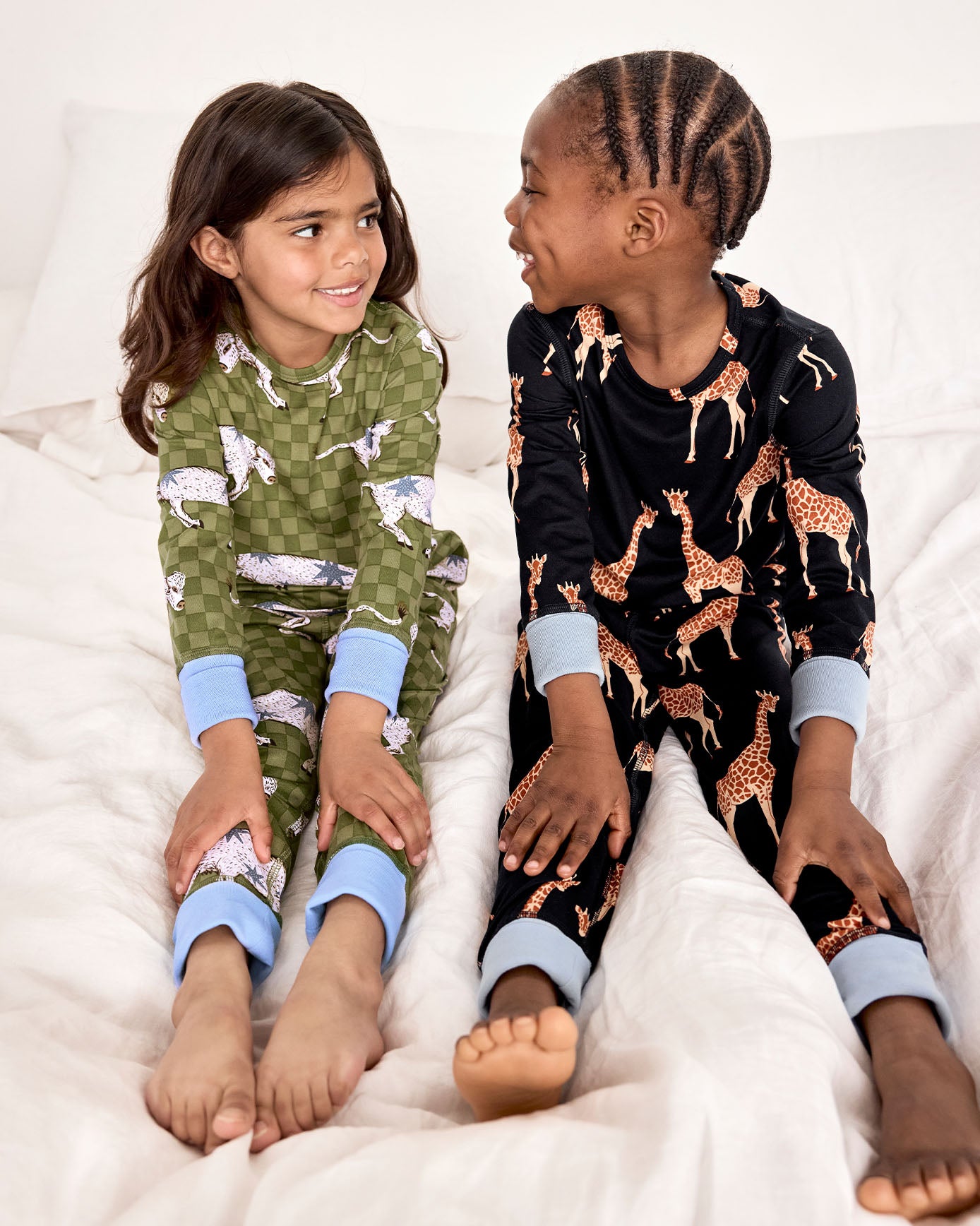 Kids Two Pack Giraffe / Checkerboard Bison Print Long Pyjama Set