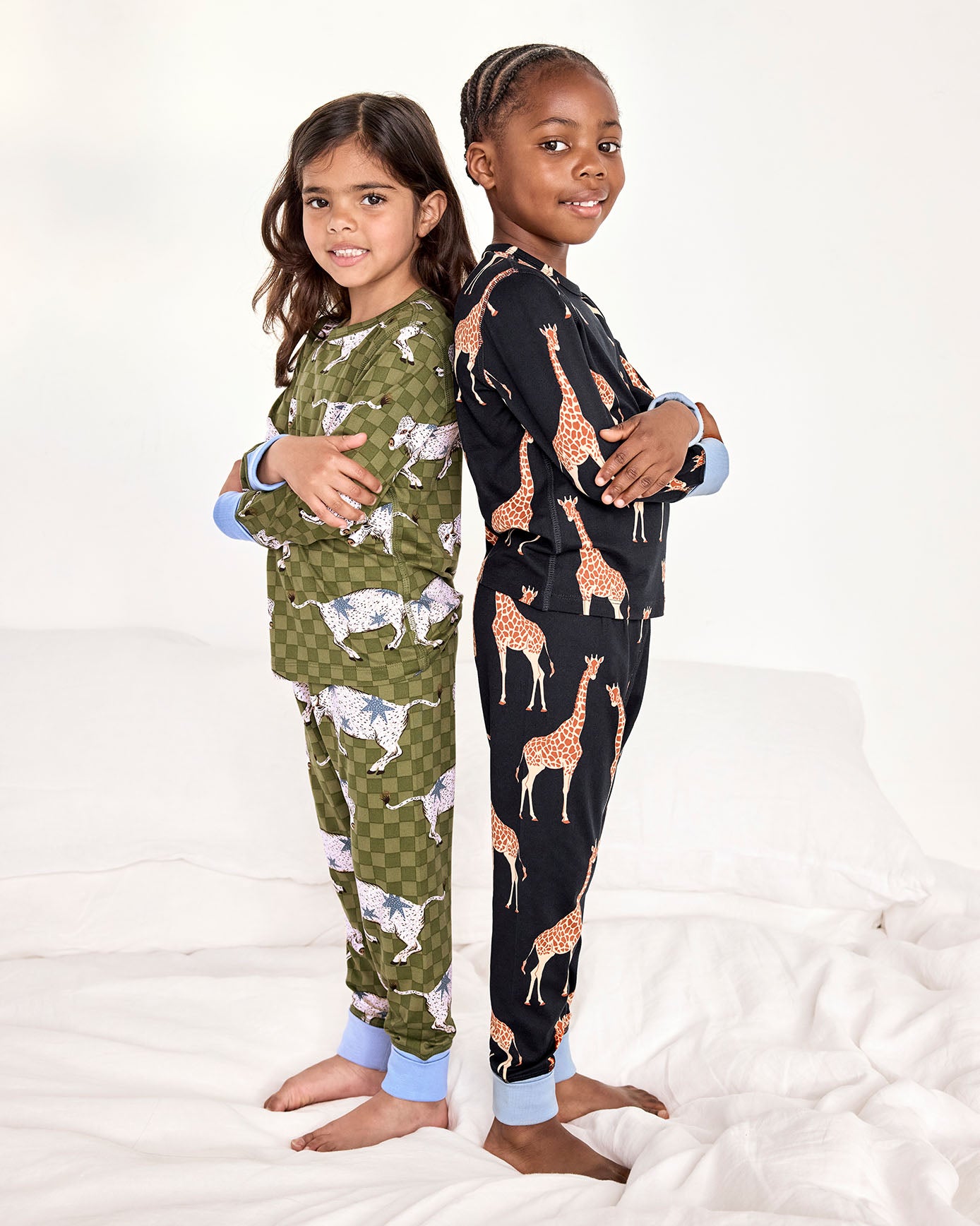 Kids Two Pack Giraffe / Checkerboard Bison Print Long Pyjama Set