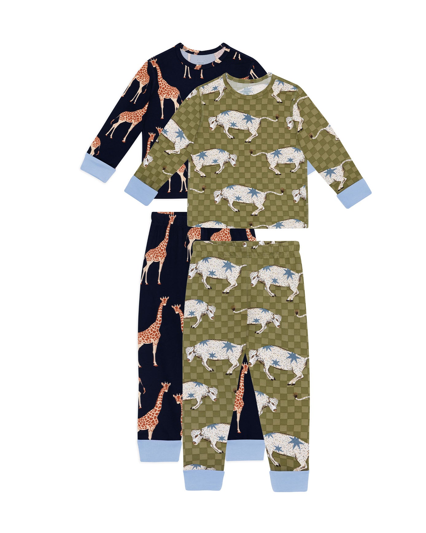 Kids Two Pack Giraffe / Checkerboard Bison Print Long Pyjama Set