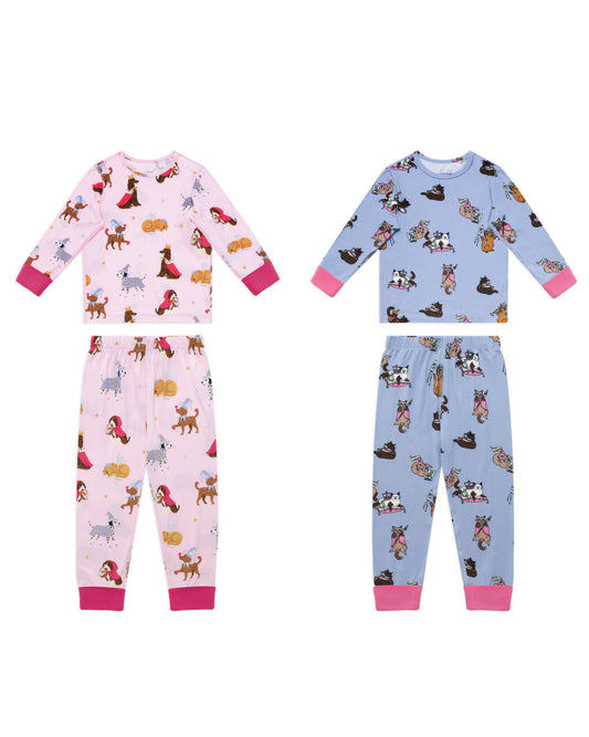 Kids Two Pack Fairytale Dogs & Princess Cats Print Long Pyjama Set