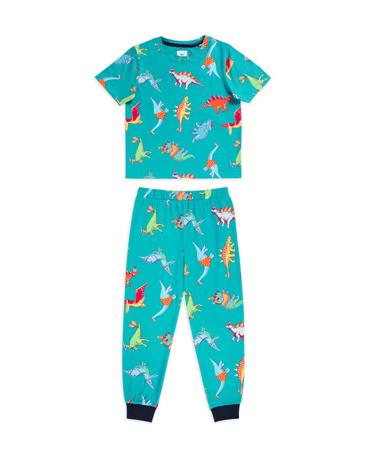 Kids Dinosaur Print Long Pyjama Set - Teal