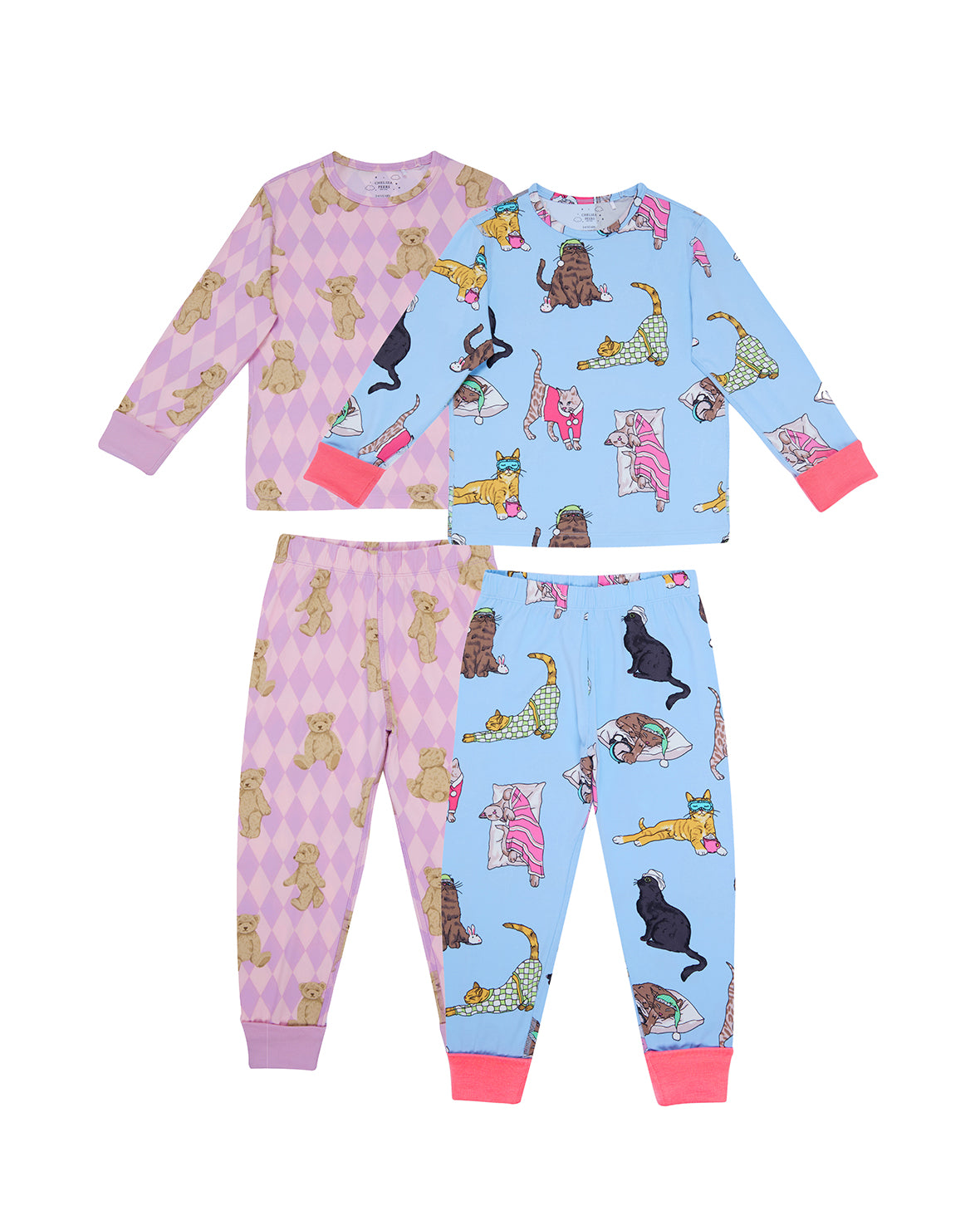 Kids Two Pack Argyle Bear / Sleepy Cats Print Long Pyjama Set 