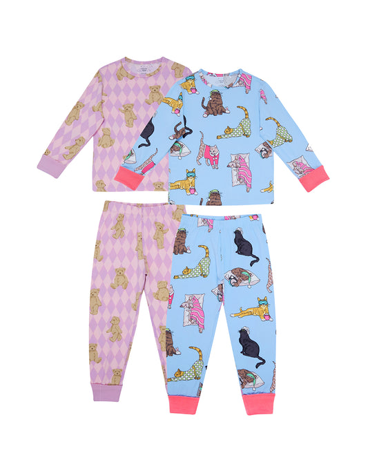 Kids Two Pack Argyle Bear / Sleepy Cats Print Long Pyjama Set 