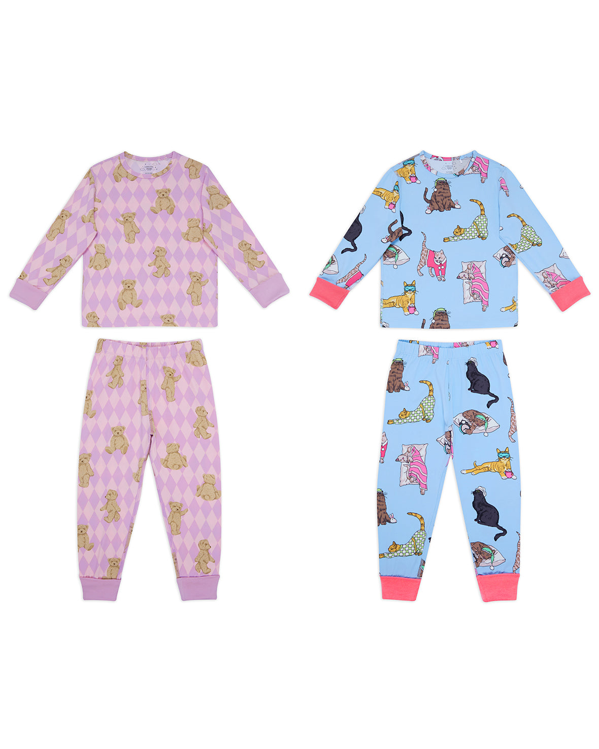 Kids Two Pack Argyle Bear / Sleepy Cats Print Long Pyjama Set 