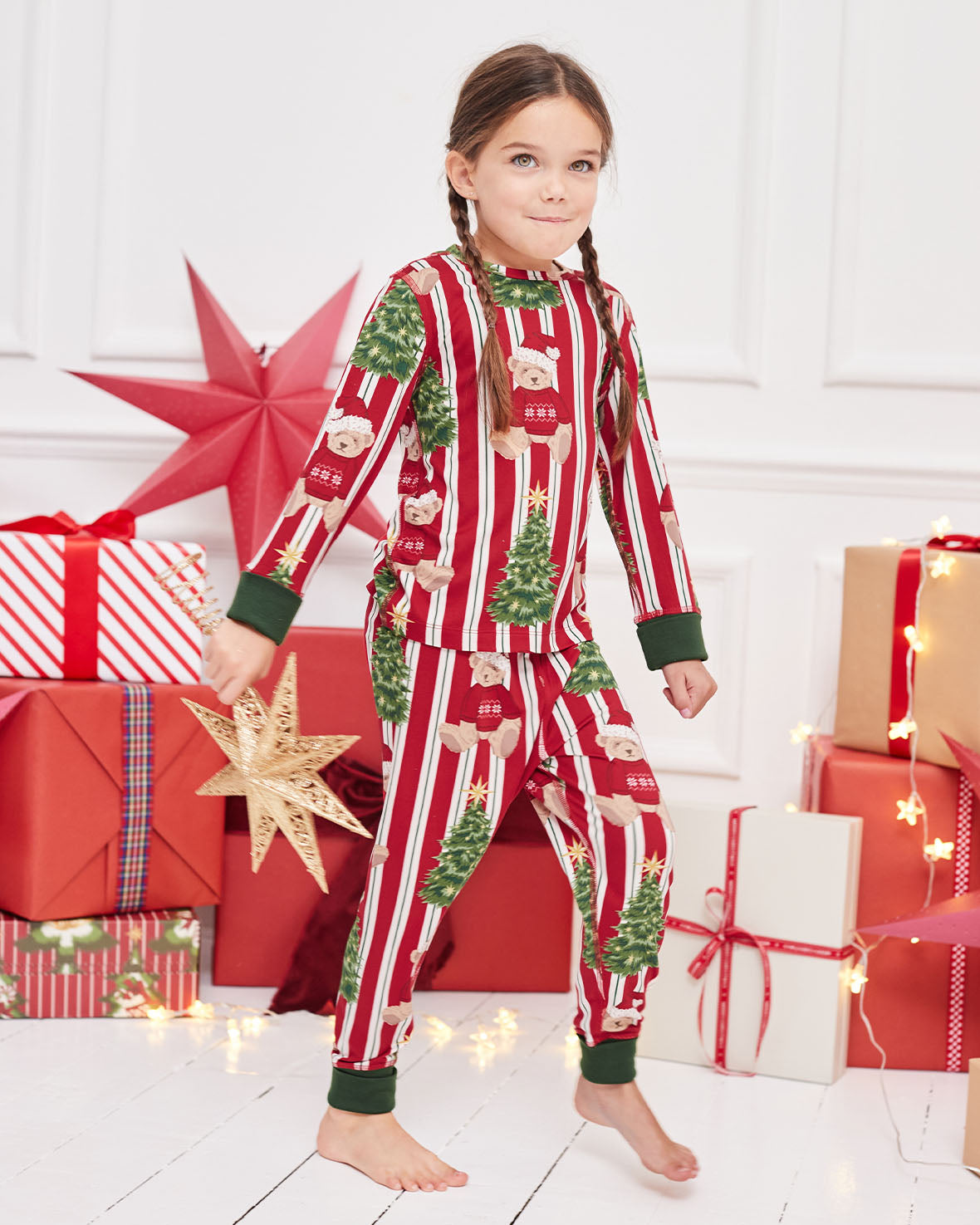 Kids Christmas Teddy Bear Stripe Print Long Pyjama Set