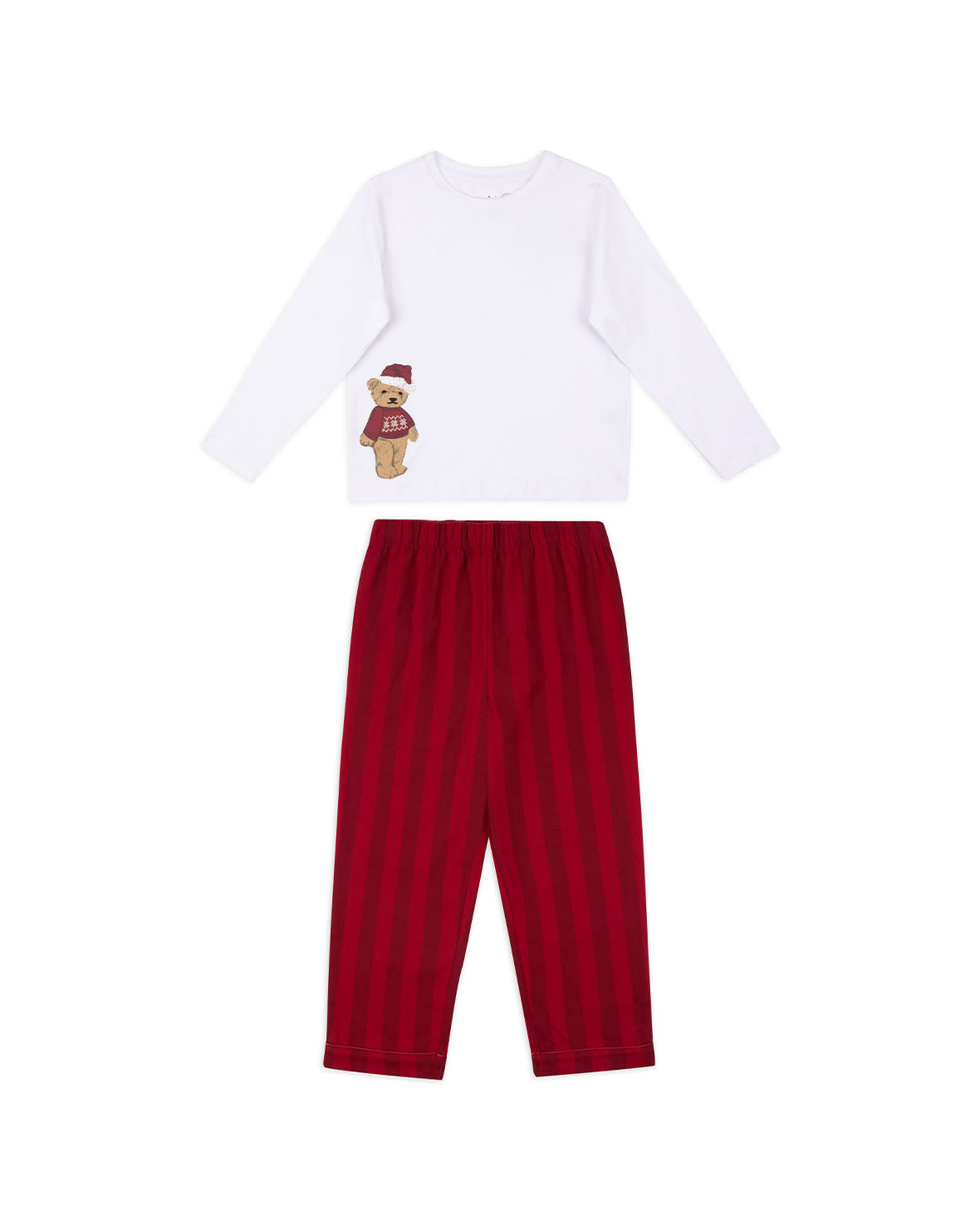 Kids Peers the Bear Print Organic Cotton Stripe Long Pyjama Set - Red