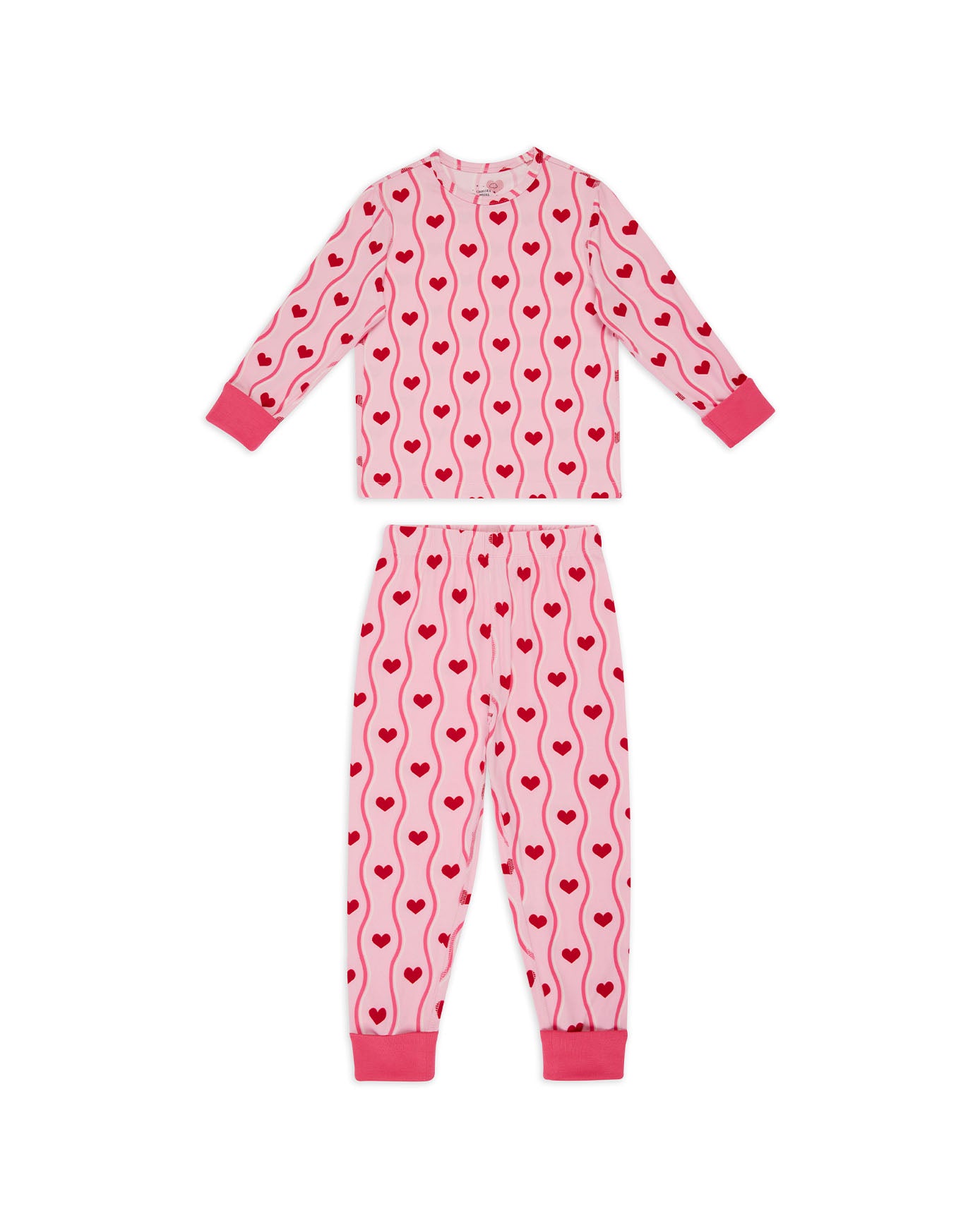 Kids Wavy Stripe Heart Print Long Pyjama Set - Pink
