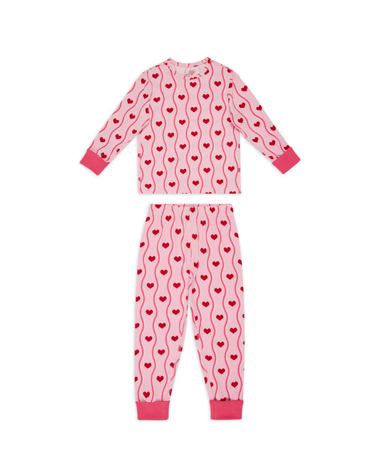 Kids Wavy Stripe Heart Print Long Pyjama Set - Pink