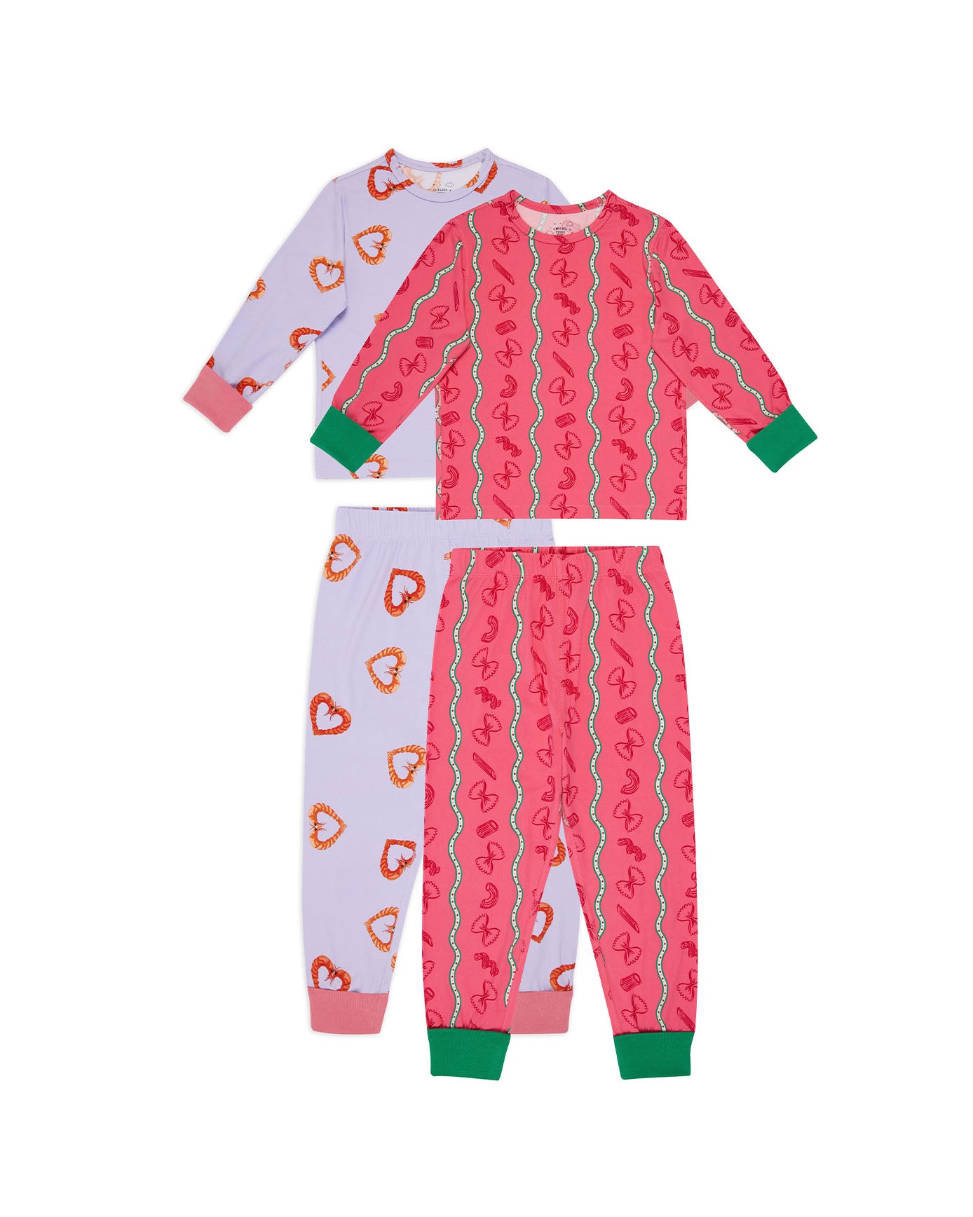 Kids Two Pack Pasta Stripe / Shrimp Heart Print Long Pyjama Sets
