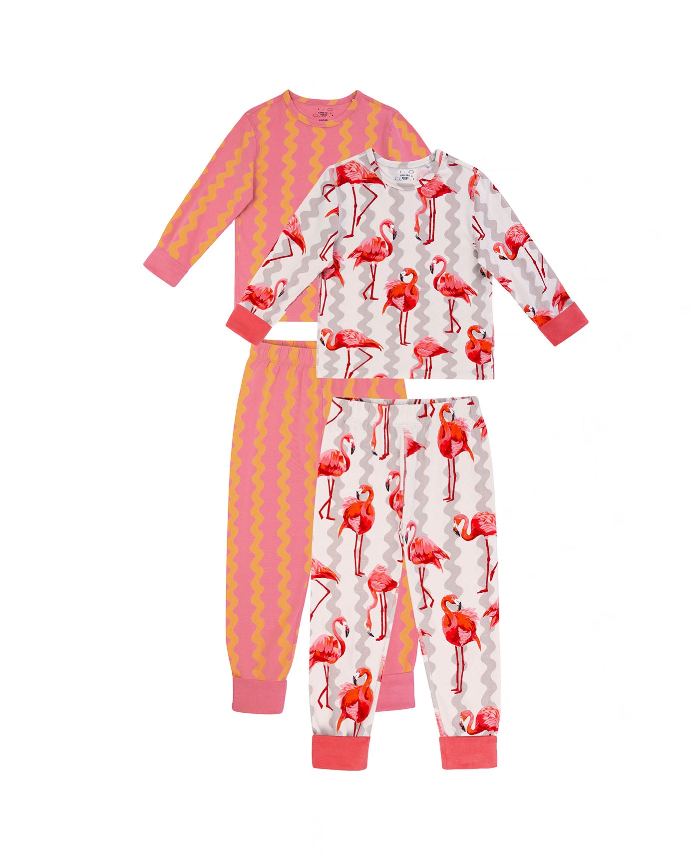 Kids Two Pack Organic Cotton Sunset Wavy Stripe / Flamingo Stripe Print Long Pyjama Set