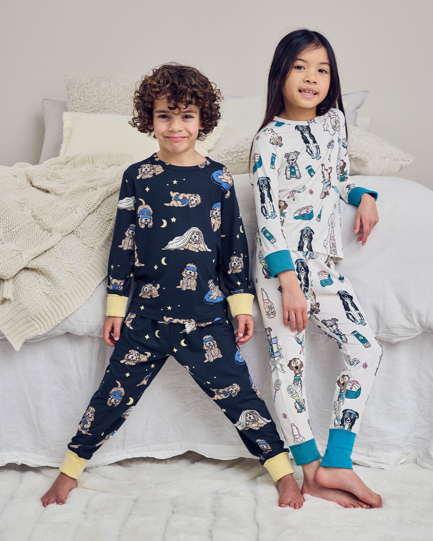model note: (Left) Cassius is 3'6 and is wearing size UK 5-6. (Right) Charlotte is 5 years old, 3'11 and wearing size 5-6 years